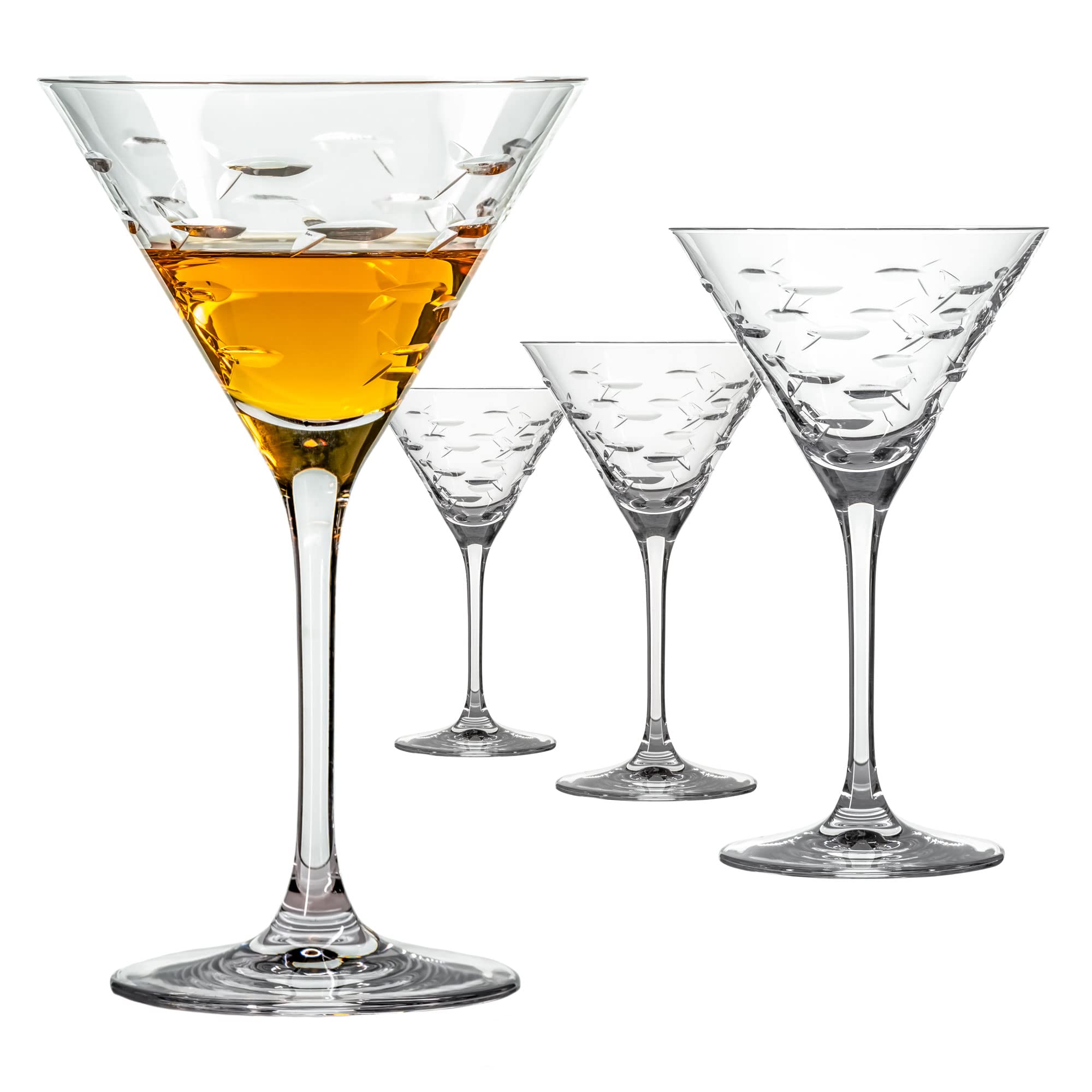 Premium Rolf Glass School of Fish Martini Glasses Set of 4 - 10 oz Lead-Free Crystal Clear Stemware - Handcrafted Diamond-Wheel Engraved Cocktail Glasses - Made in USA - Perfect for Home Bars, Dinner Parties & Gift Giving