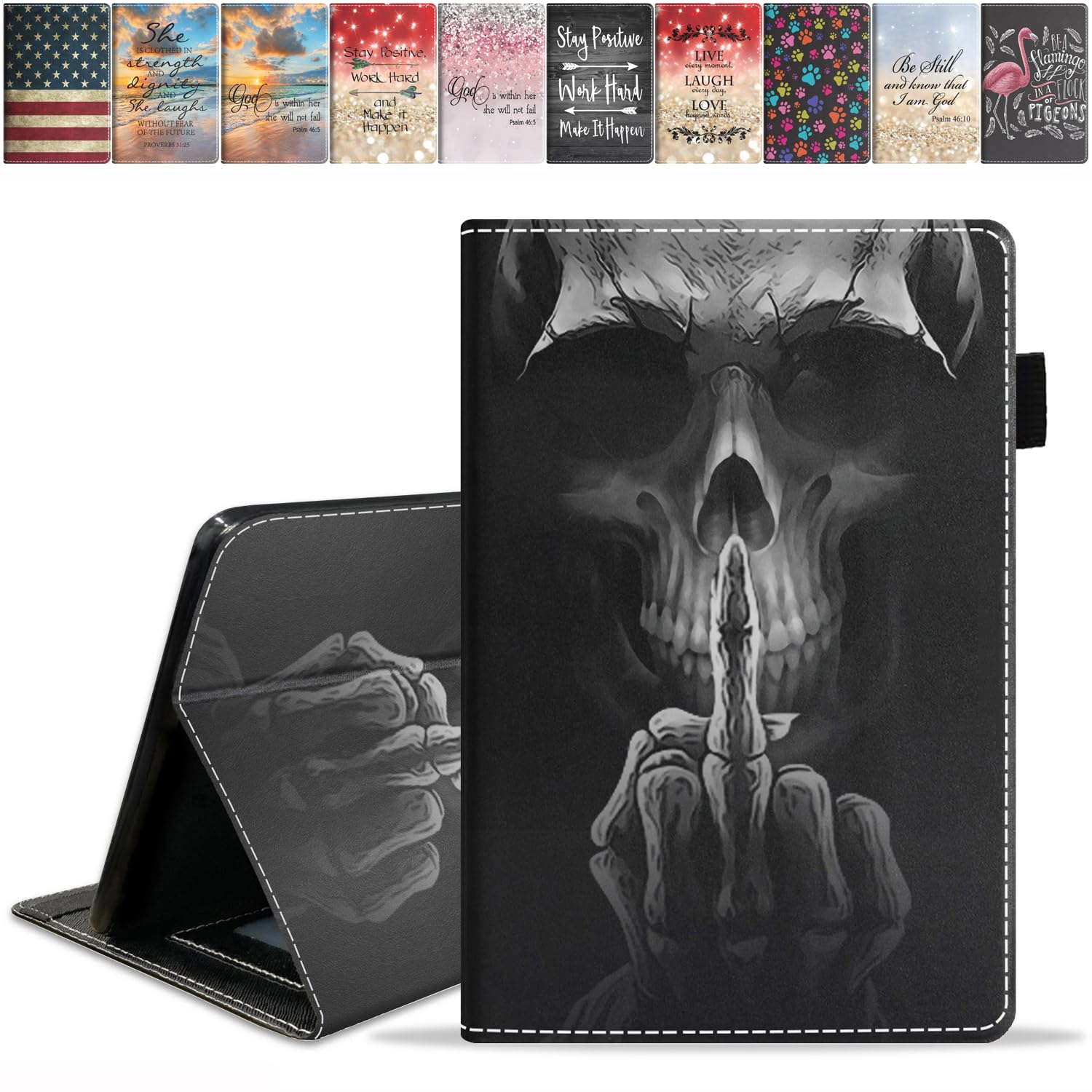 Premium PU Leather Case for Amazon Fire HD 10 Tablet 10.1 Inch (9th/7th Gen 2019/2017) - Slim Protective Cover with Card Slot & Pencil Holder - Funny Skeleton Skull Design - Perfect for Work, School & Travel