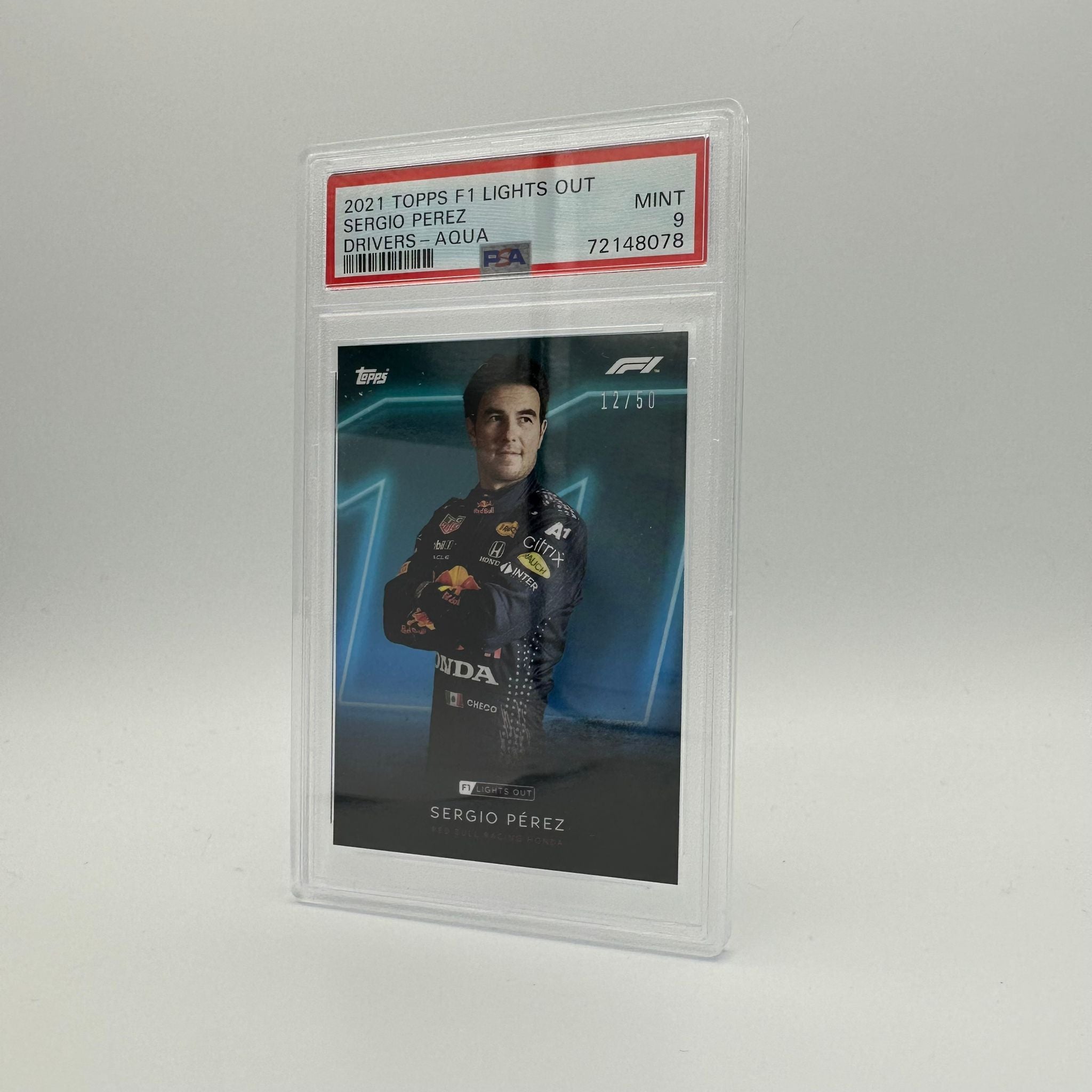 PSA 9 Graded 12/50 Sergio Perez Aqua Parallel Racing Card - Perfect for Collectors, Fans & Sports Memorabilia Displays