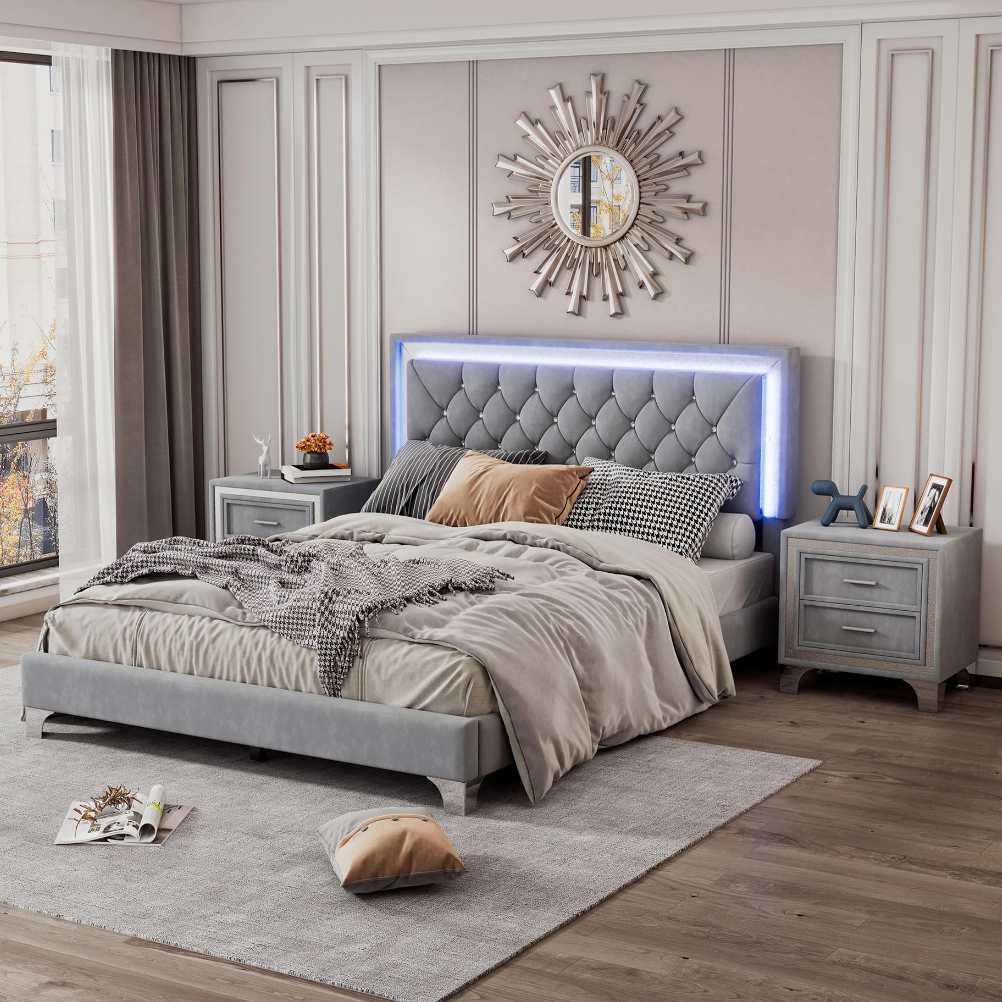 Harper & Bright Designs 3-Piece Queen Bedroom Set with LED Lights - Modern Upholstered Platform Bed & 2 Nightstands, Gray - Perfect for Contemporary Bedrooms, Guest Rooms & Small Spaces