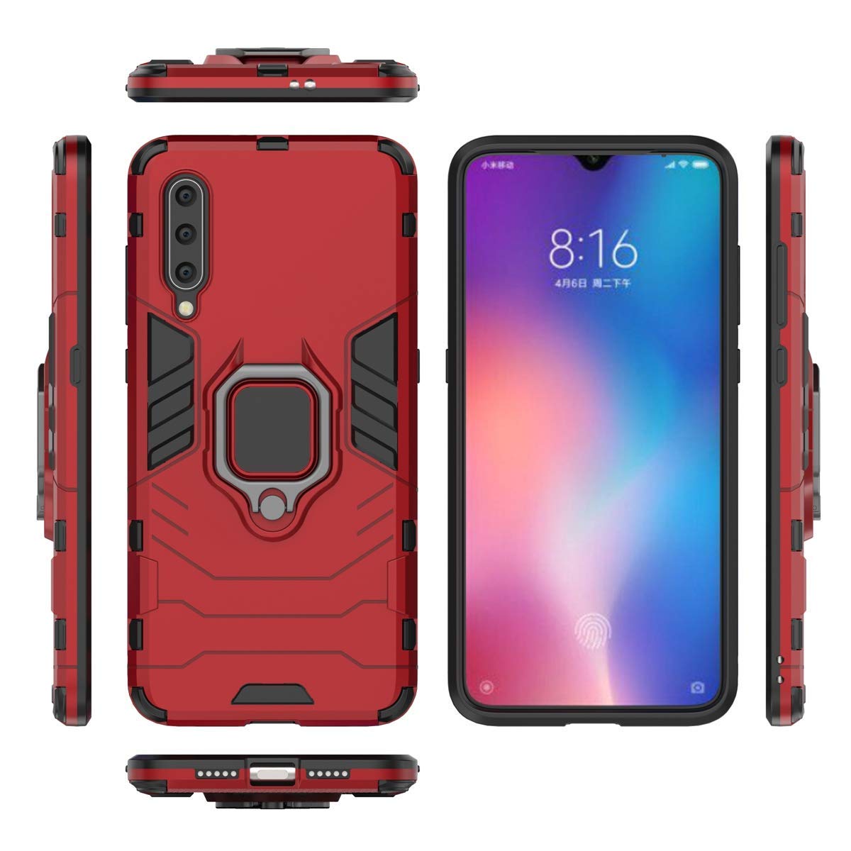 LuluMain Shockproof Hard Bumper Case for Xiaomi Mi 9 - Metal Ring Grip & Kickstand | Compatible with Magnetic Car Mount | Dual Layer Rugged Cover (Red) - Perfect for Daily Protection, Outdoor Activities & Hands-Free Viewing