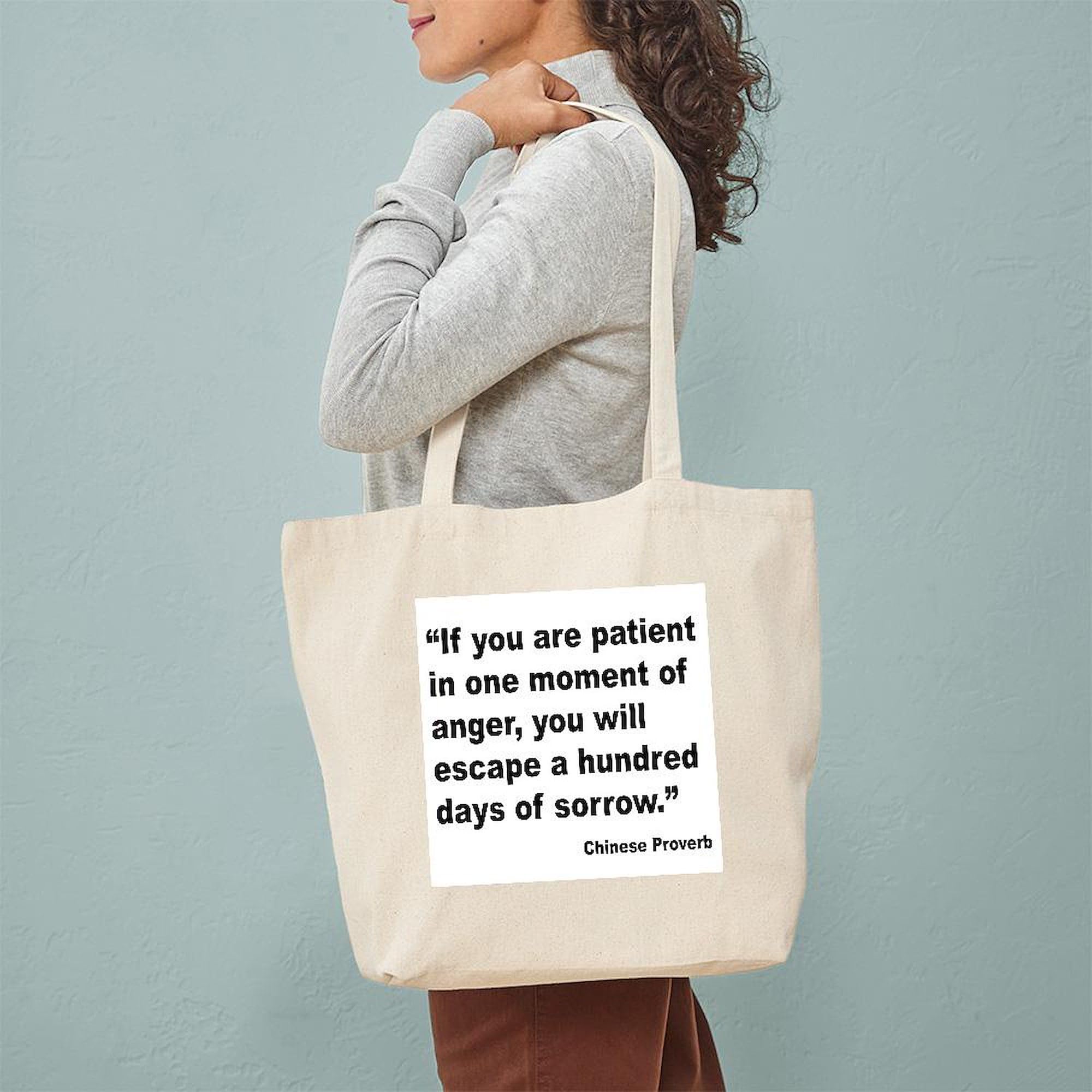 Patient Anger Sorrow Proverb Tote Bag - Natural Canvas Reusable Shopping Bag for Groceries, Beach & Everyday Use | Inspirational Quote Tote | Eco-Friendly Cotton Tote Bag