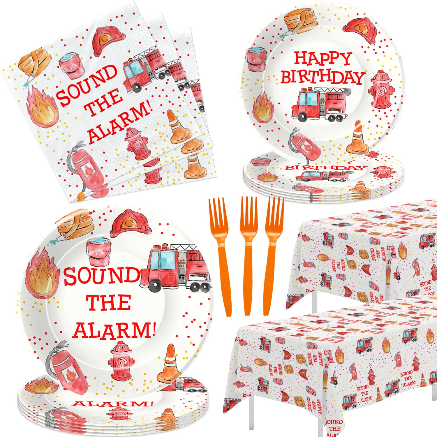Fire Truck Birthday Party Supplies Set - 24-Piece Firefighter Themed Tableware Kit with Plates, Napkins, Tablecloth & Forks | Perfect for Fireman Birthday Party Decorations & Kids' Themed Celebrations