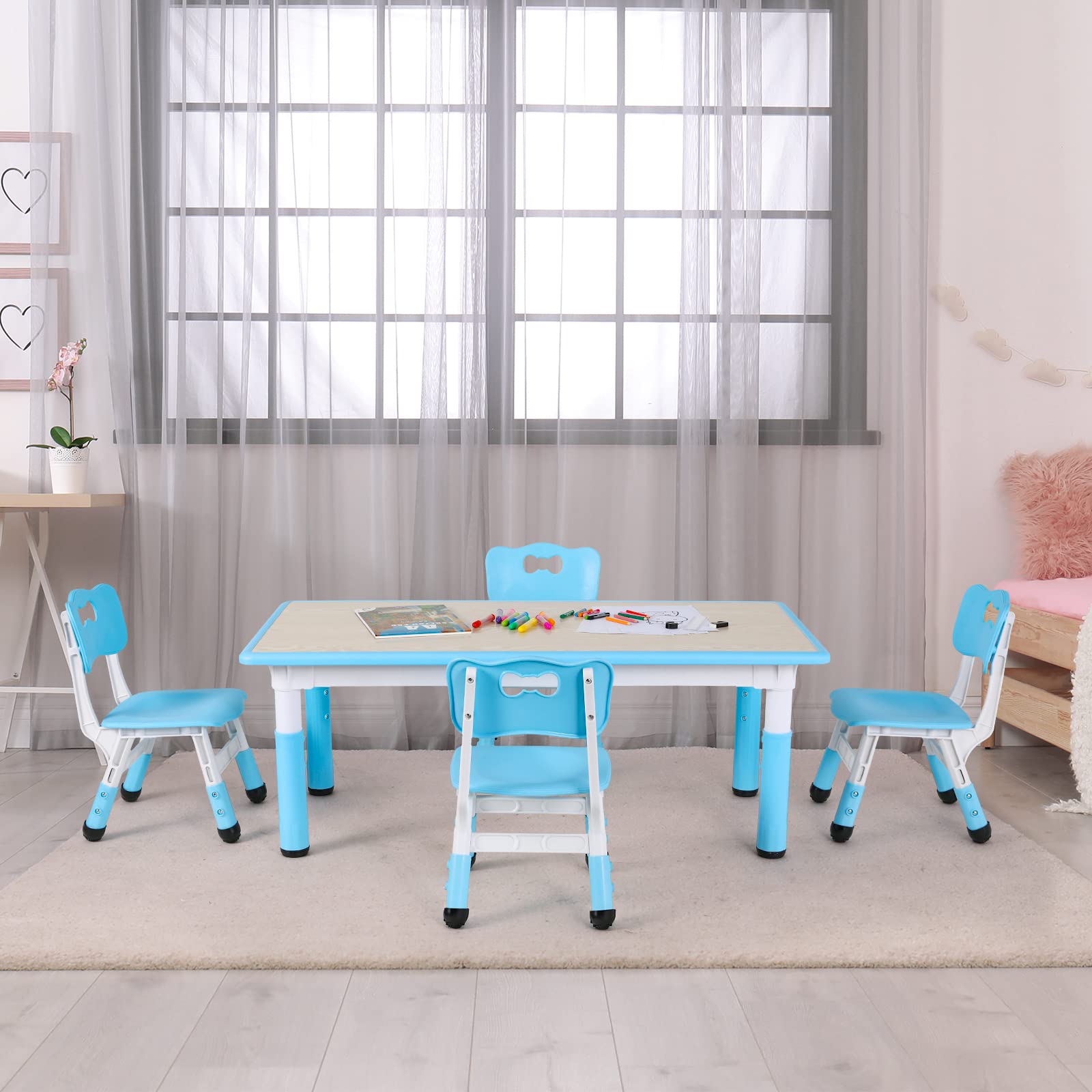 Arlopu Adjustable Height Kids Table and 4 Chairs Set - Non-Slip Toddler Activity Table with Graffiti-Proof Surface - Blue Children's Furniture for Reading, Drawing, Daycare & Home Classroom Use