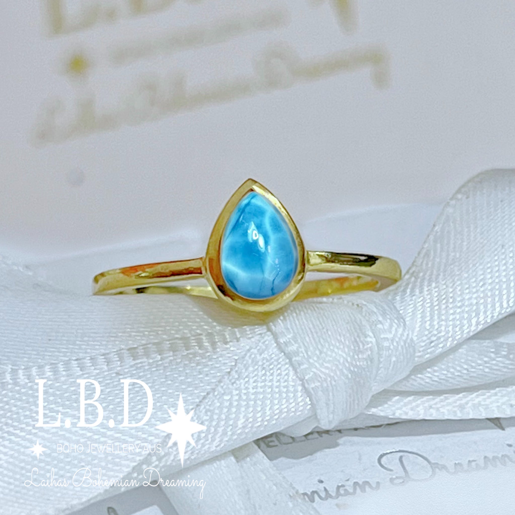 Laihas Mini Tearing Spirit Gold Larimar Ring - Elegant Blue Gemstone Jewelry for Women, Perfect for Everyday Wear, Gift Giving & Special Occasions
