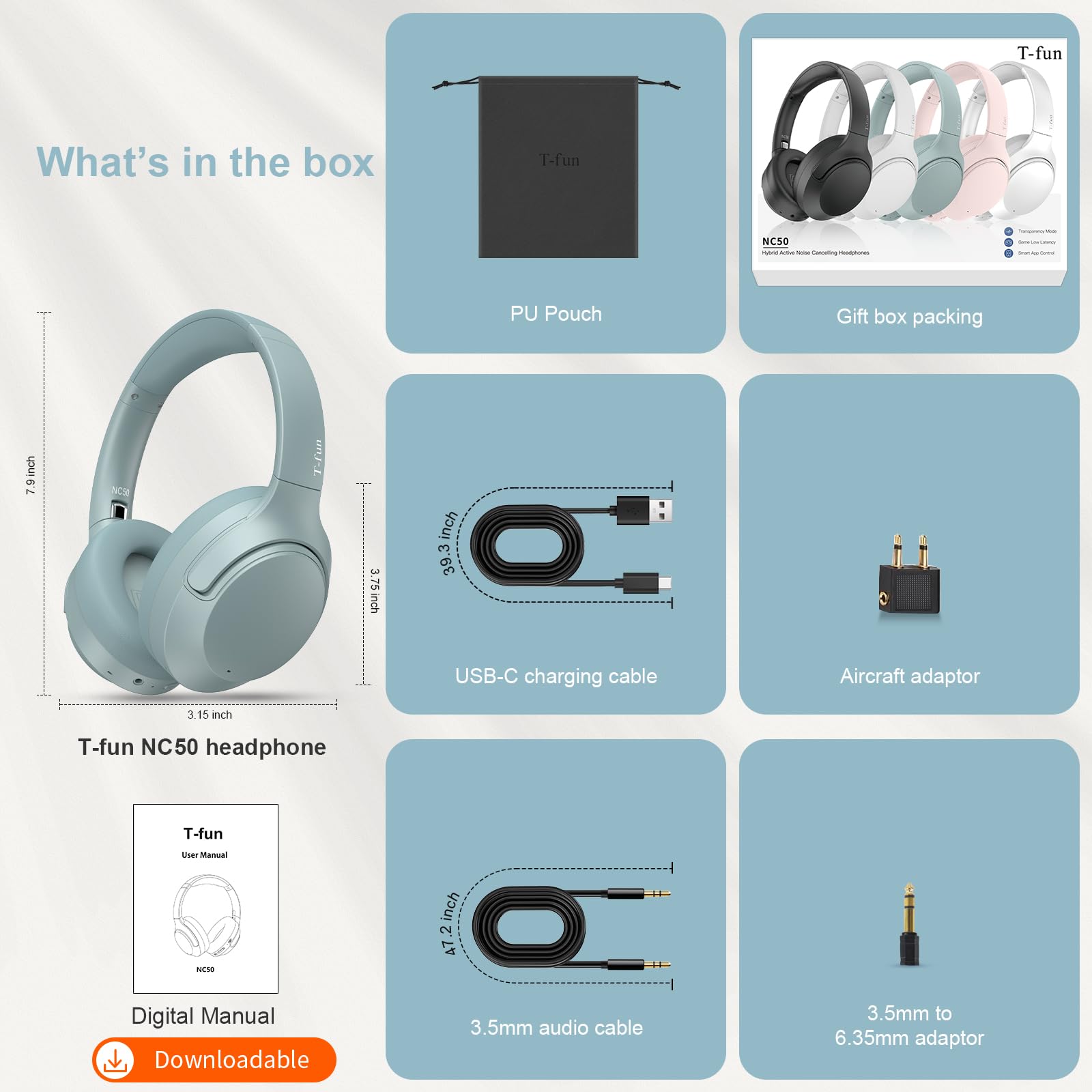 T-fun NC50 Hybrid Active Noise Cancelling Wireless Bluetooth 5.3 Headphones - Foldable Over Ear Design with App Custom EQ, 65H Playtime, Low Latency Gaming Mode & Multipoint Connection - Perfect for Travel, Work & Gaming