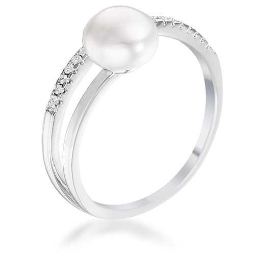0.15Ct Rhodium Plated Freshwater Pearl Ring with CZ Micro Pave Band - Elegant Jewelry for Weddings, Anniversaries & Special Occasions