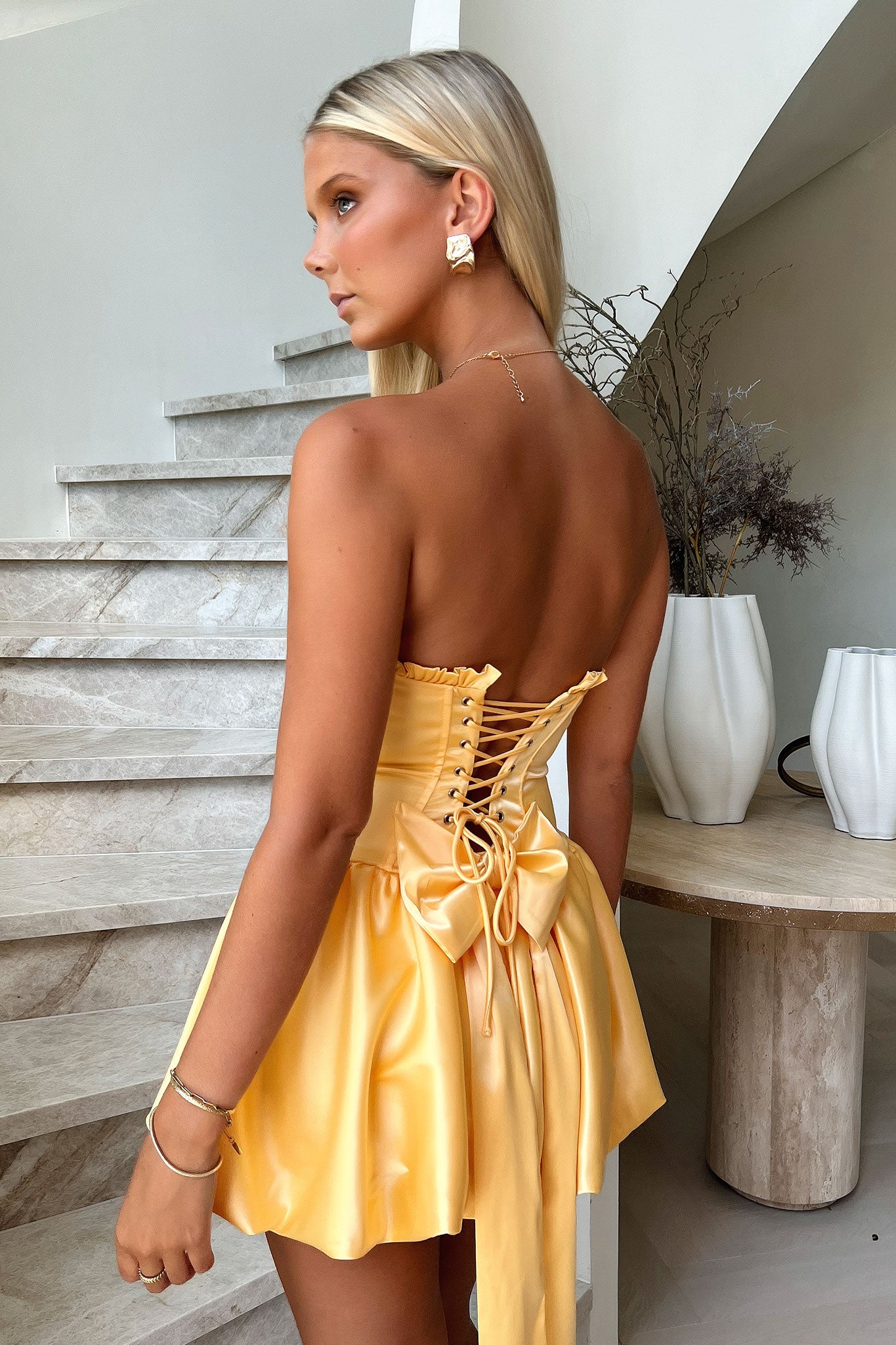 Elegant Strapless Satin Party Dress for Women - Yellow, Formal Evening Gown for Prom, Wedding, Cocktail & Special Occasions