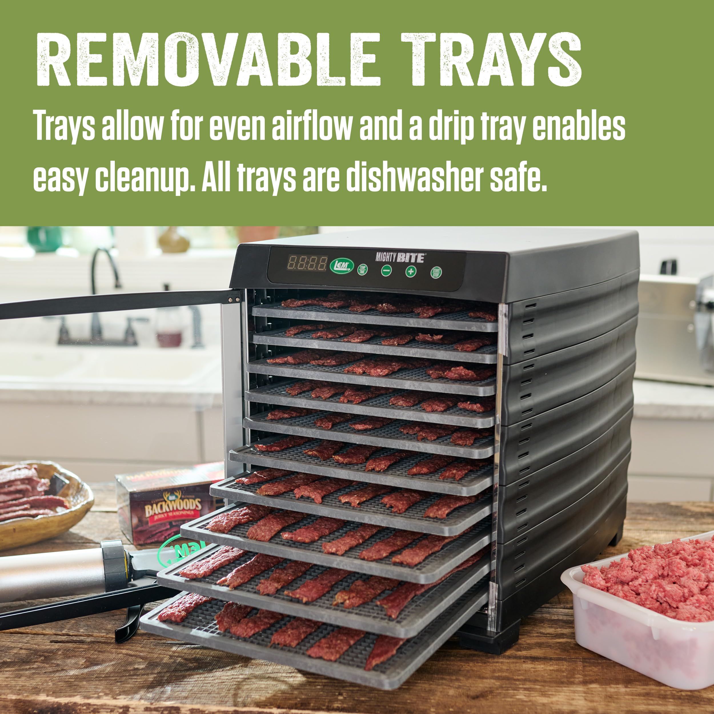 LEM Products MightyBite 10-Tray Food Dehydrator for Beef Jerky, Meat, Vegetables & Fruits | Includes Dryer Machine & 10 Trays | Perfect for Home Kitchen, Camping & Healthy Snacks | Black