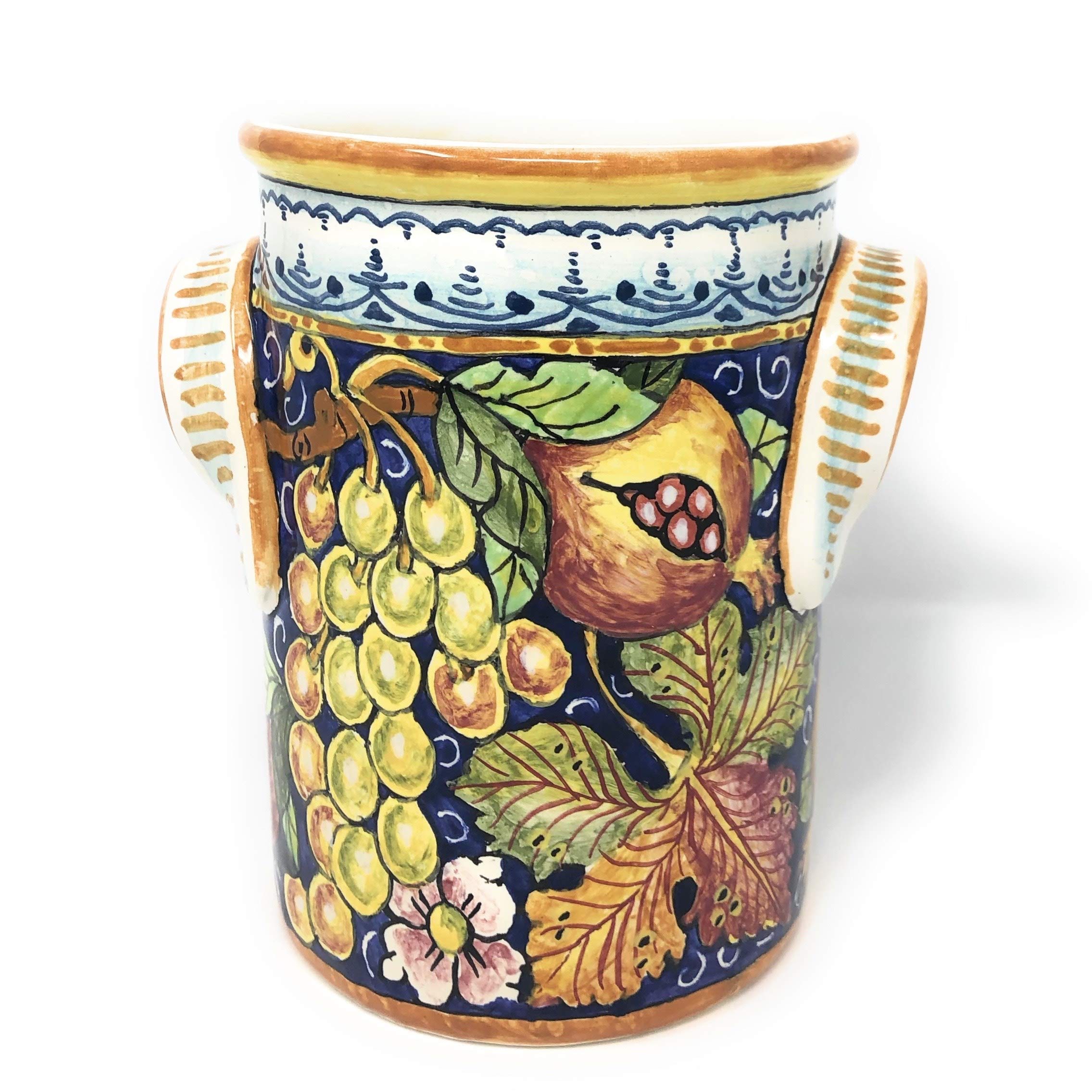 Hand-Painted Italian Pottery Utensil Holder & Wine Bottle - CERAMICHE D'ARTE PARRINI Tuscan Florence Decor with Red Grapes - Perfect for Kitchen Decor & Wine Storage