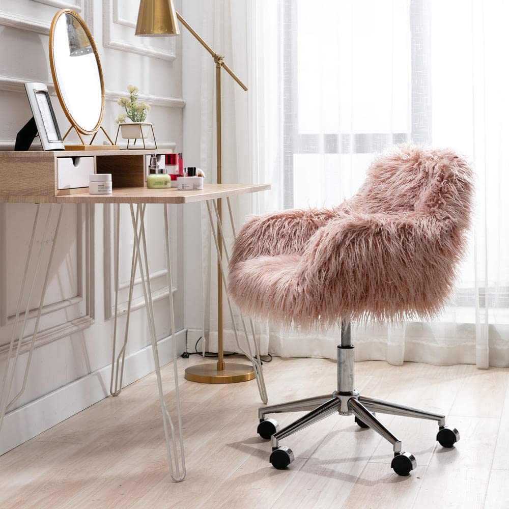 Modern Faux Fur Swivel Chair - Pink Fluffy Accent Chair for Home Office, Bedroom & Makeup Vanity | Heavy Duty Metal Frame with Chrome Base | Perfect for Girls Room Decor, Gaming Setup & Cozy Reading Nook