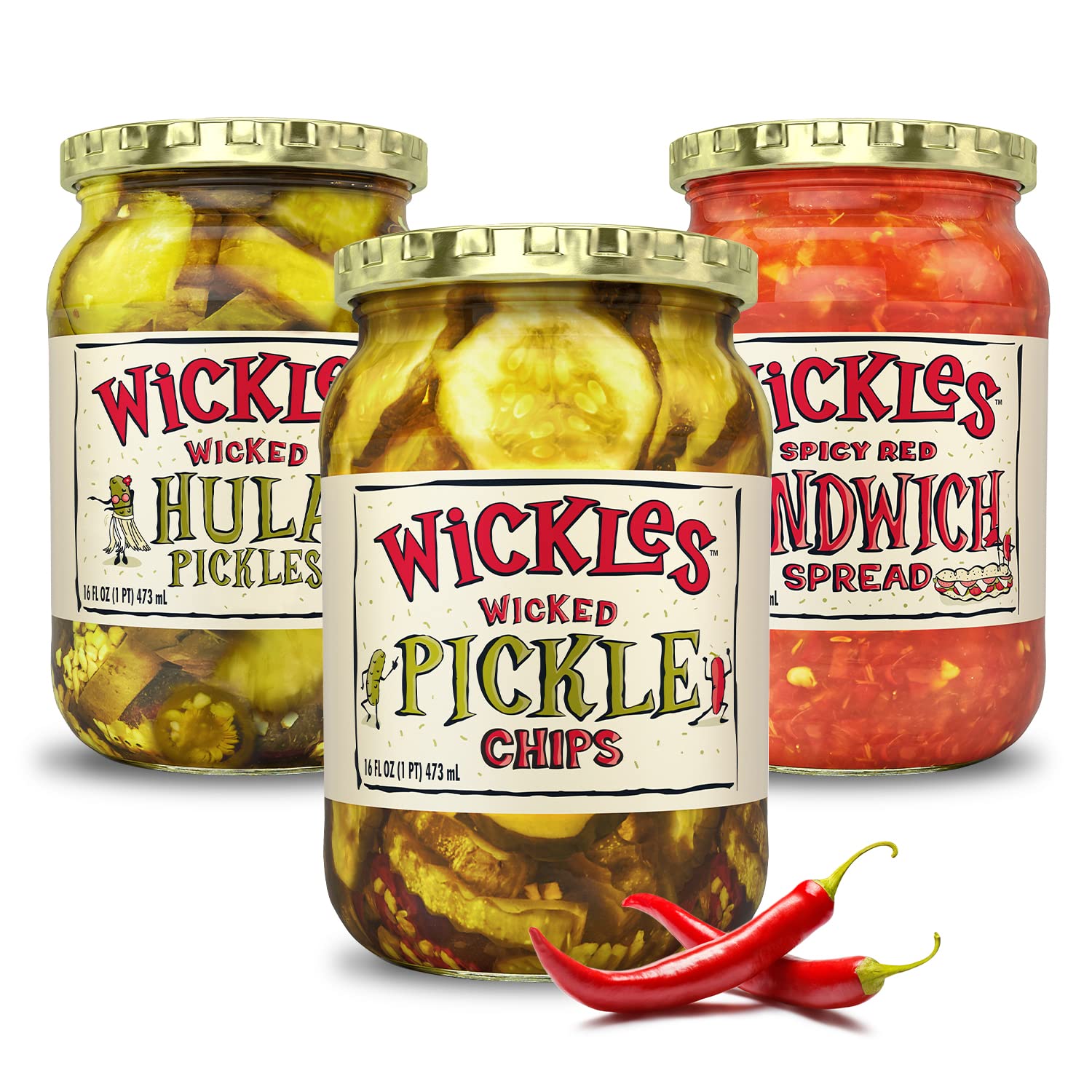 Wickles Pickles Spicy Pickle Variety Pack (3 Pack) - Wicked Pickle Chips, Wicked Hula Pickles & Spicy Red Sandwich Spread - Sweet & Spicy Flavor - Perfect for Burgers, Sandwiches, Charcuterie Boards & Snacking (16 oz Each)