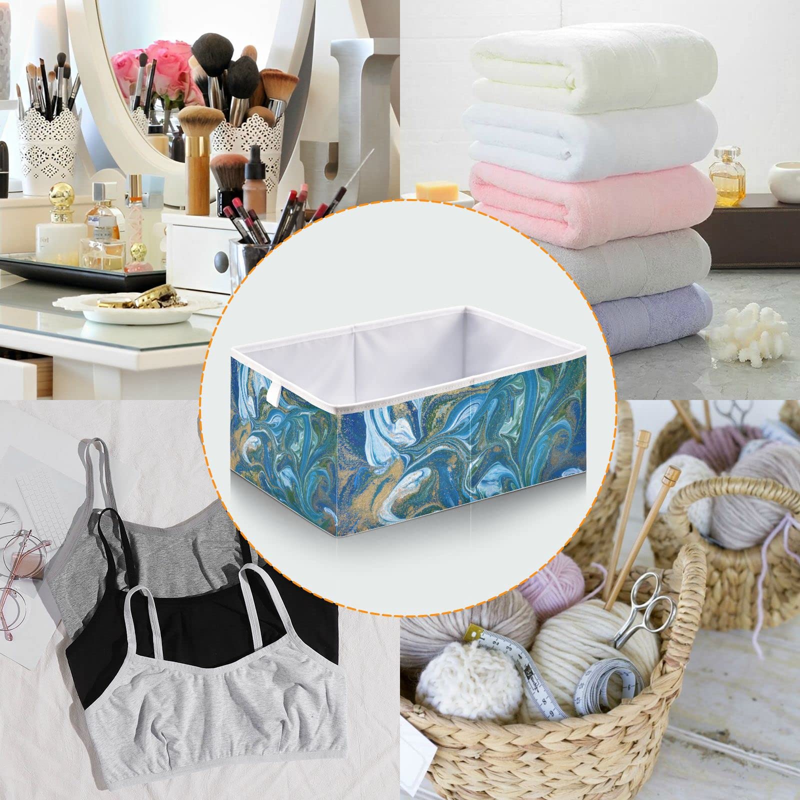 Blue Green Marble Storage Basket - Collapsible Rectangular Fabric Bin for Home, Laundry Room & Office Organization | Perfect for Shelves, Closet & Bathroom Storage