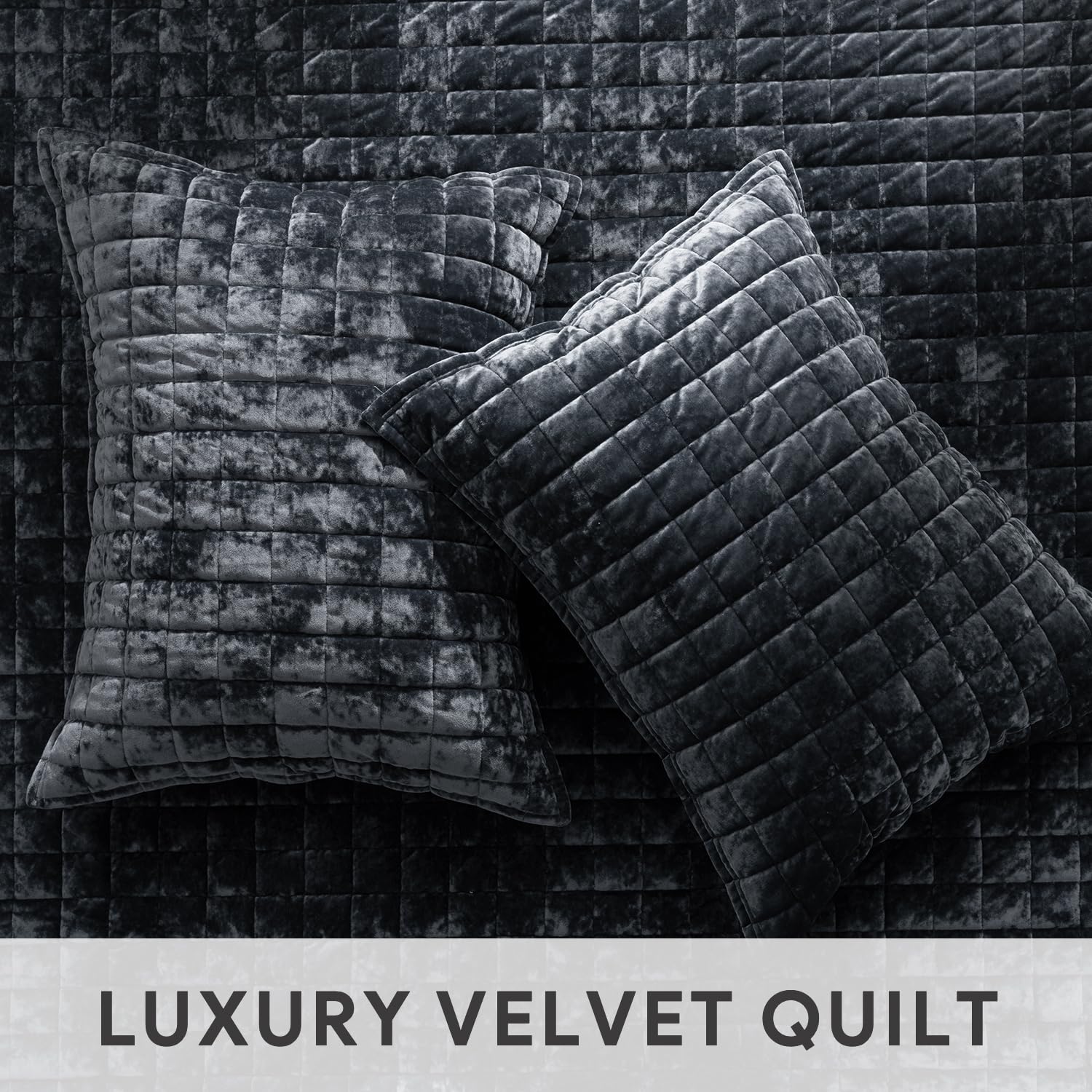 RECYCO Luxury Velvet Quilt Set King Size - Ultra Soft Velvet Comforter Set with 2 Shams | Lightweight Channel Box Stitch Oversized Bedspread Coverlet for All Seasons | Perfect for Master Bedroom, Guest Room & Cozy Winter Nights (Black)