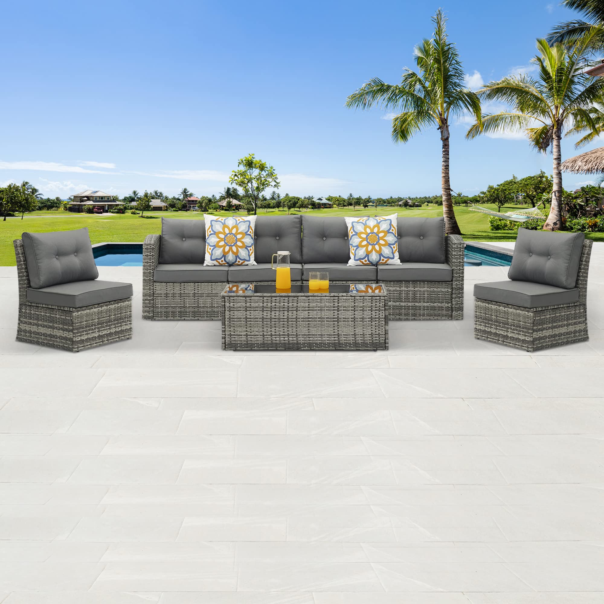 RoyalCraft 7-Piece All-Weather Wicker Patio Furniture Set with Glass Coffee Table & Removable Cushions (Grey/Dark Grey) - Perfect for Outdoor Living, Garden, Poolside & Backyard Relaxation