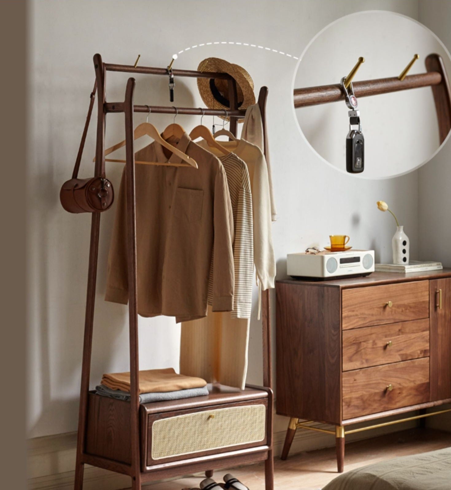 Oak Walnut Rattan Coat Hanger - Multi-Functional Wall Mounted Coat Rack for Jackets, Hats & Bags | Perfect for Entryway, Bedroom & Closet Organization