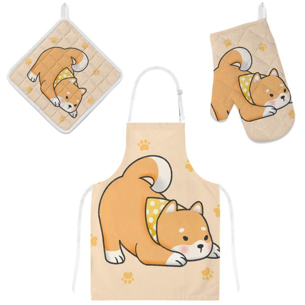 Kuizee 3-Piece Kitchen Apron Set with Cute Shiba Inu Design - Yellow Pot Holder, Oven Mitts & Cooking Apron for Baking, BBQ & Home Cooking | Perfect Gift for Chefs & Home Cooks