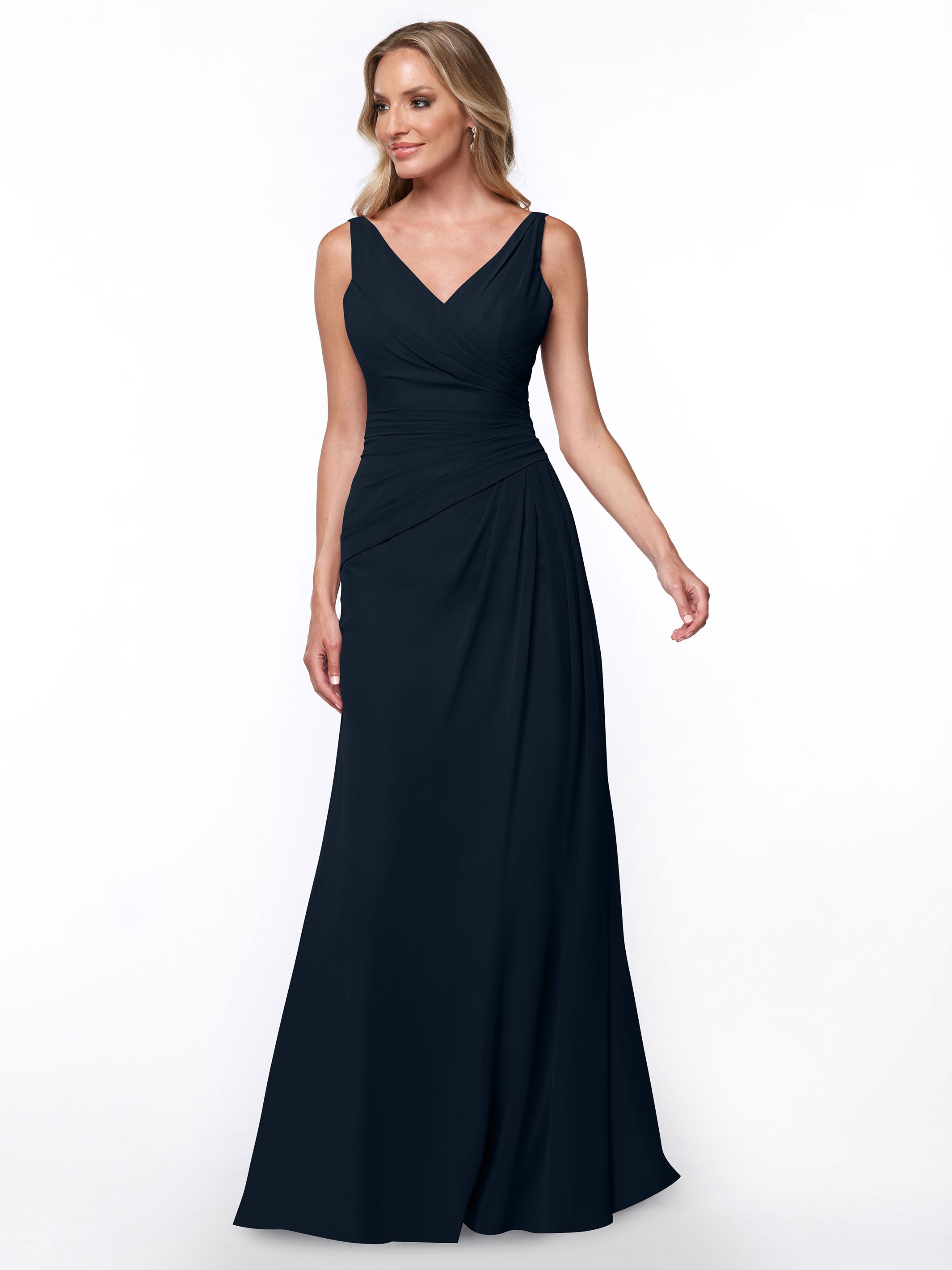 Elegant 80030 Chiffon Sheath Bridesmaid Dress with Ruching V-Neck Bodice - Perfect for Weddings, Formal Events & Special Occasions