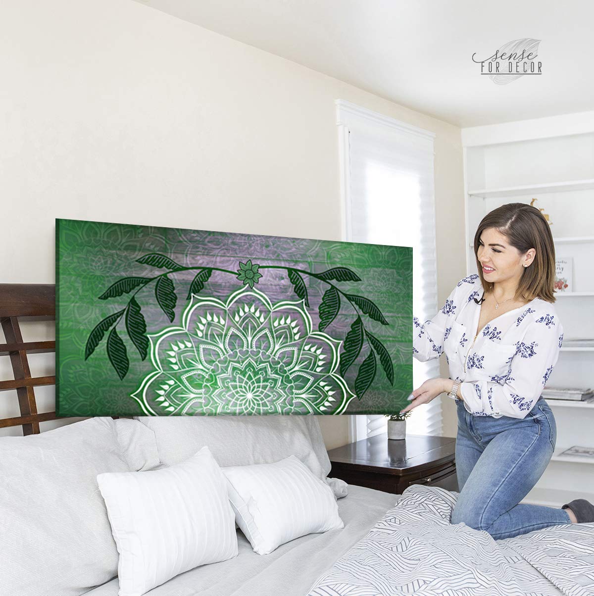 Boho Mandala Wall Hanging - Handmade Macrame Wall Art for Bedroom & Living Room Decor - Green Bohemian Headboard Tapestry (60