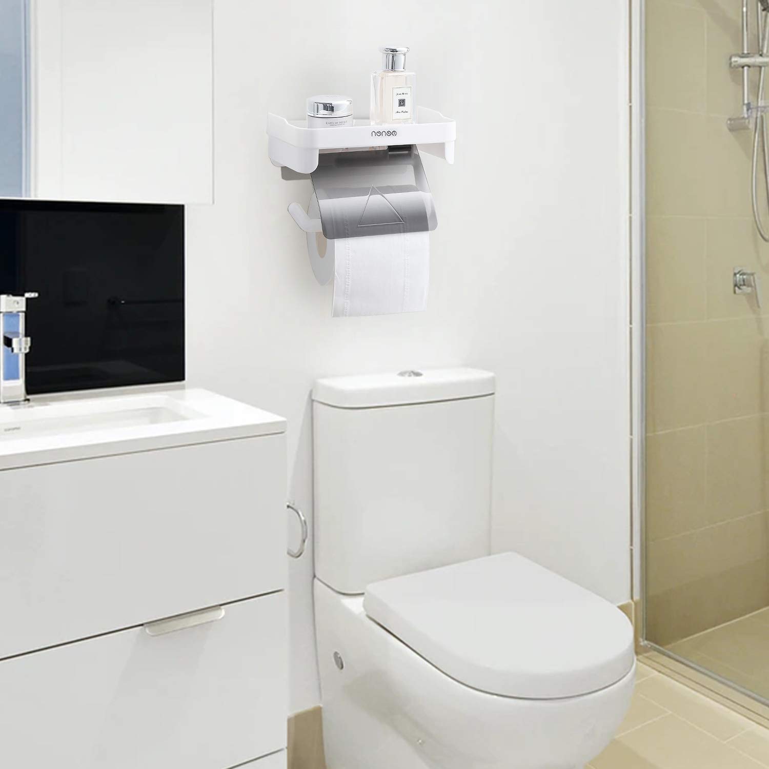 Self-Adhesive Toilet Paper Holder with Shelf - Wall Mount Bathroom & Kitchen Tissue Roll Dispenser - Space-Saving Storage for Small Bathrooms, RVs & Apartments