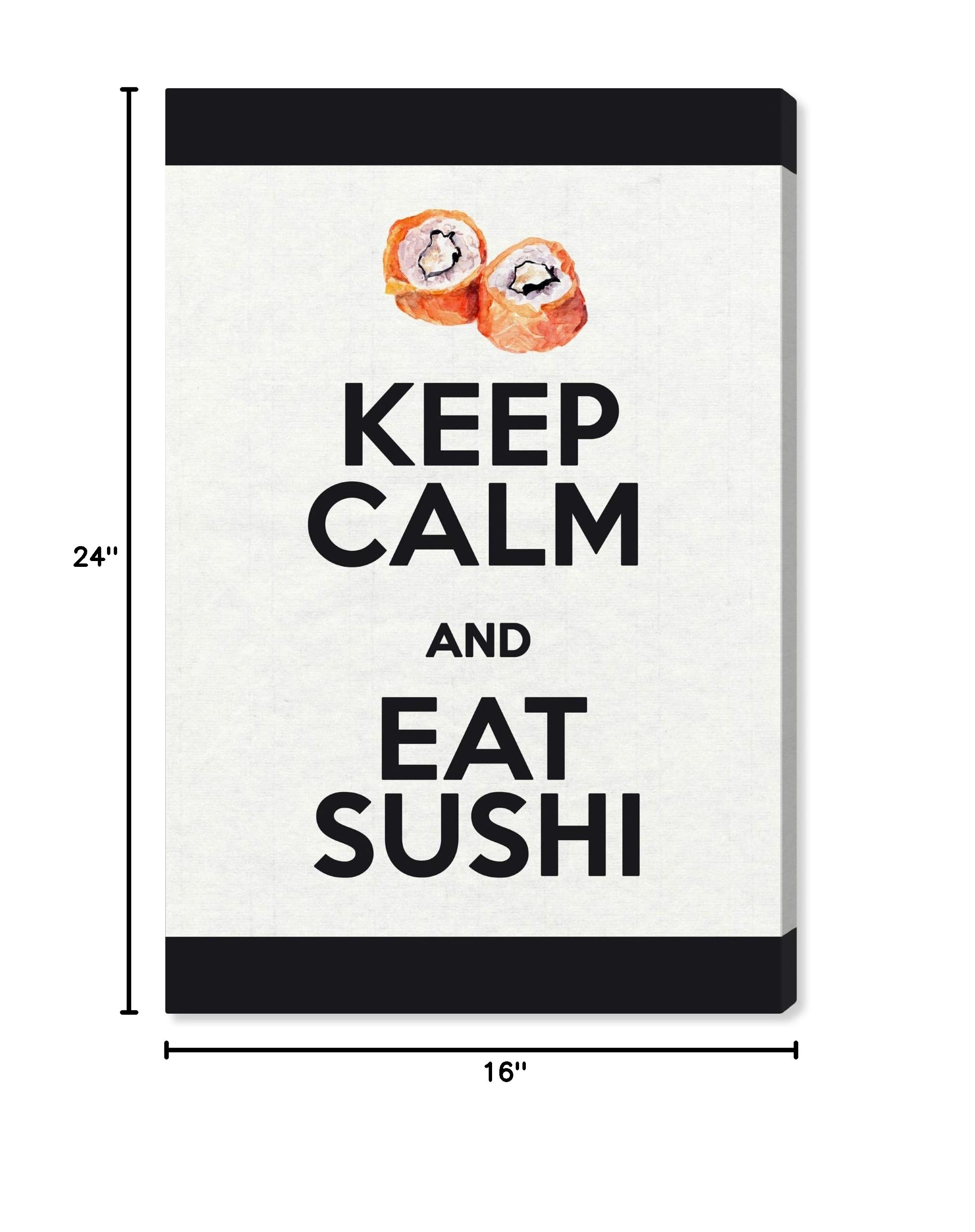 Wynwood Studio 'Eat Sushi Rolls' Canvas Wall Art Print - 16x24 Inch Modern Japanese Food Decor for Kitchen, Dining Room & Restaurant - Pink and White Framed Home Décor