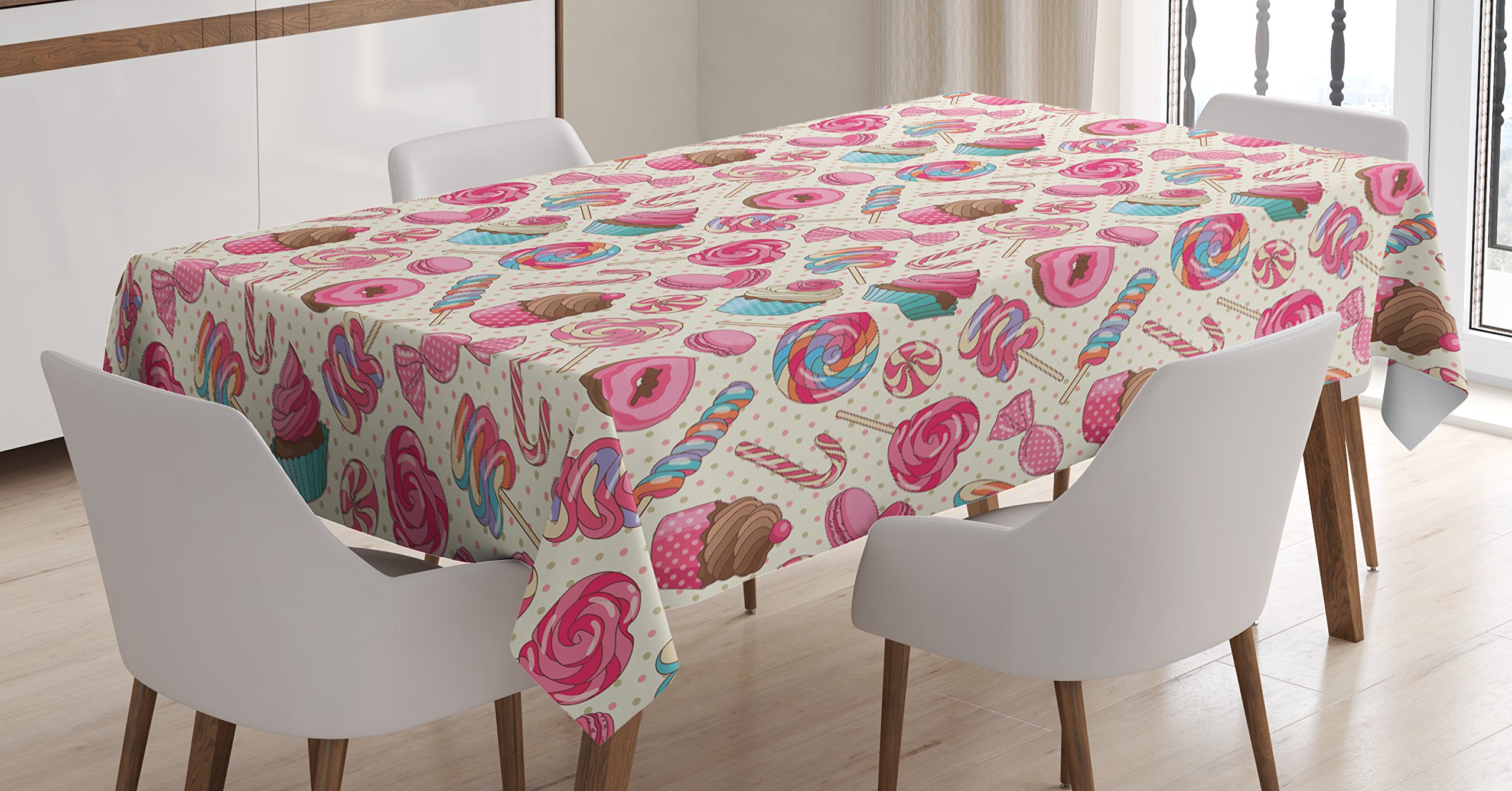 Ambesonne Candy Cane Tablecloth - Yummy Lollipop, Candy, Macaroon, Cupcake & Donut Polka Dot Pattern Rectangular Table Cover 60x84 Inch - Perfect for Christmas Dining Room Decor, Kitchen Table Setting & Holiday Party Decorations