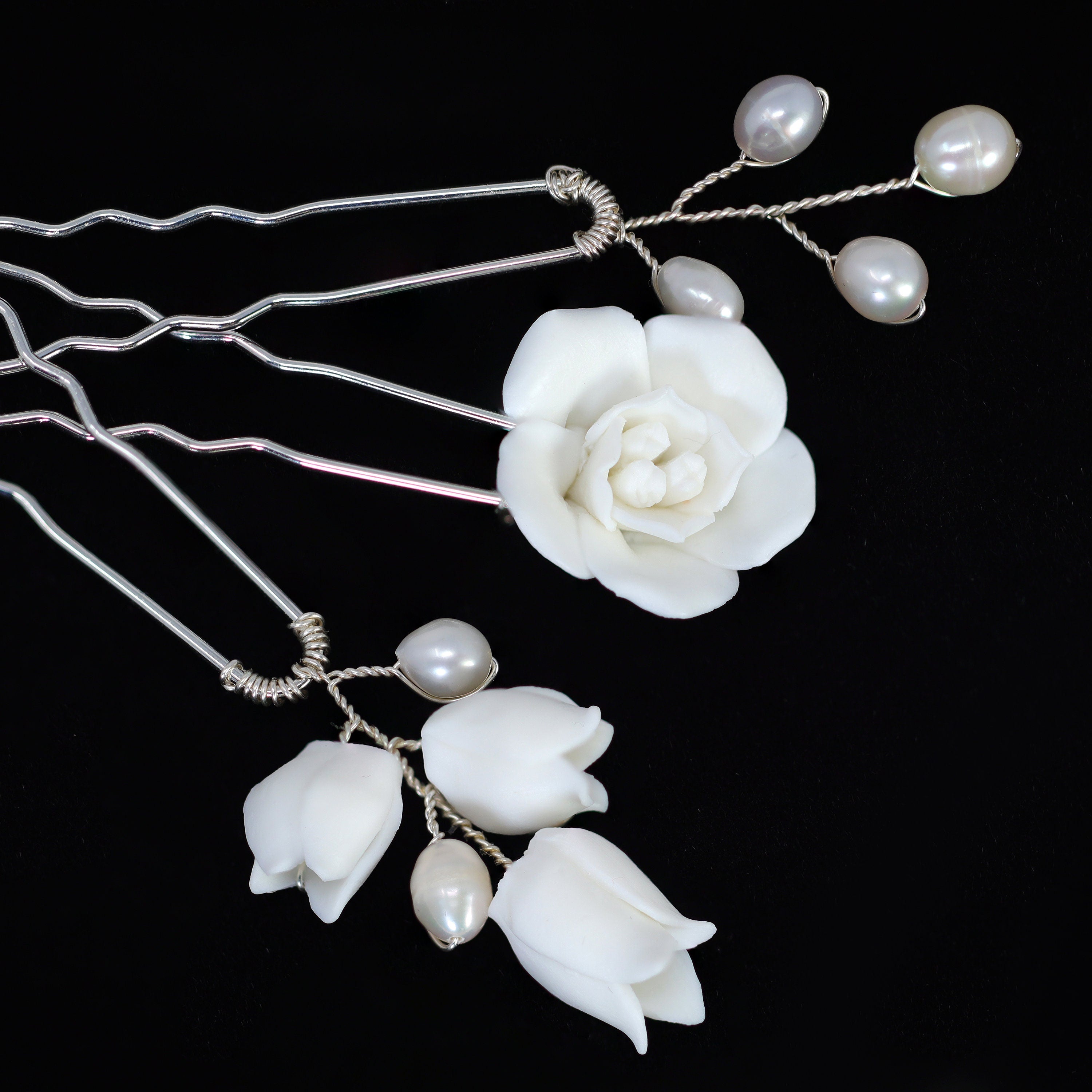 3-Piece Freshwater Pearl Dusted White Rose & Lily Blossom Hair Comb Set - Elegant Bridal Hair Pins & Wedding Hair Accessories for Brides, Bridesmaids & Special Occasions
