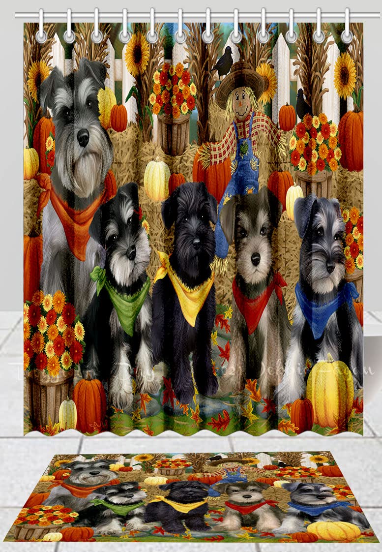Anti-Slip Schnauzer Dog Bath Mat & Shower Curtain Set - Fall Festival Themed Bathroom Decor with Hooks, Plush Rug (20''x32'') & Polyester Curtain (69''x70'') - Perfect for Pet Lovers' Bathrooms, Holiday Decor & Cozy Home Styling