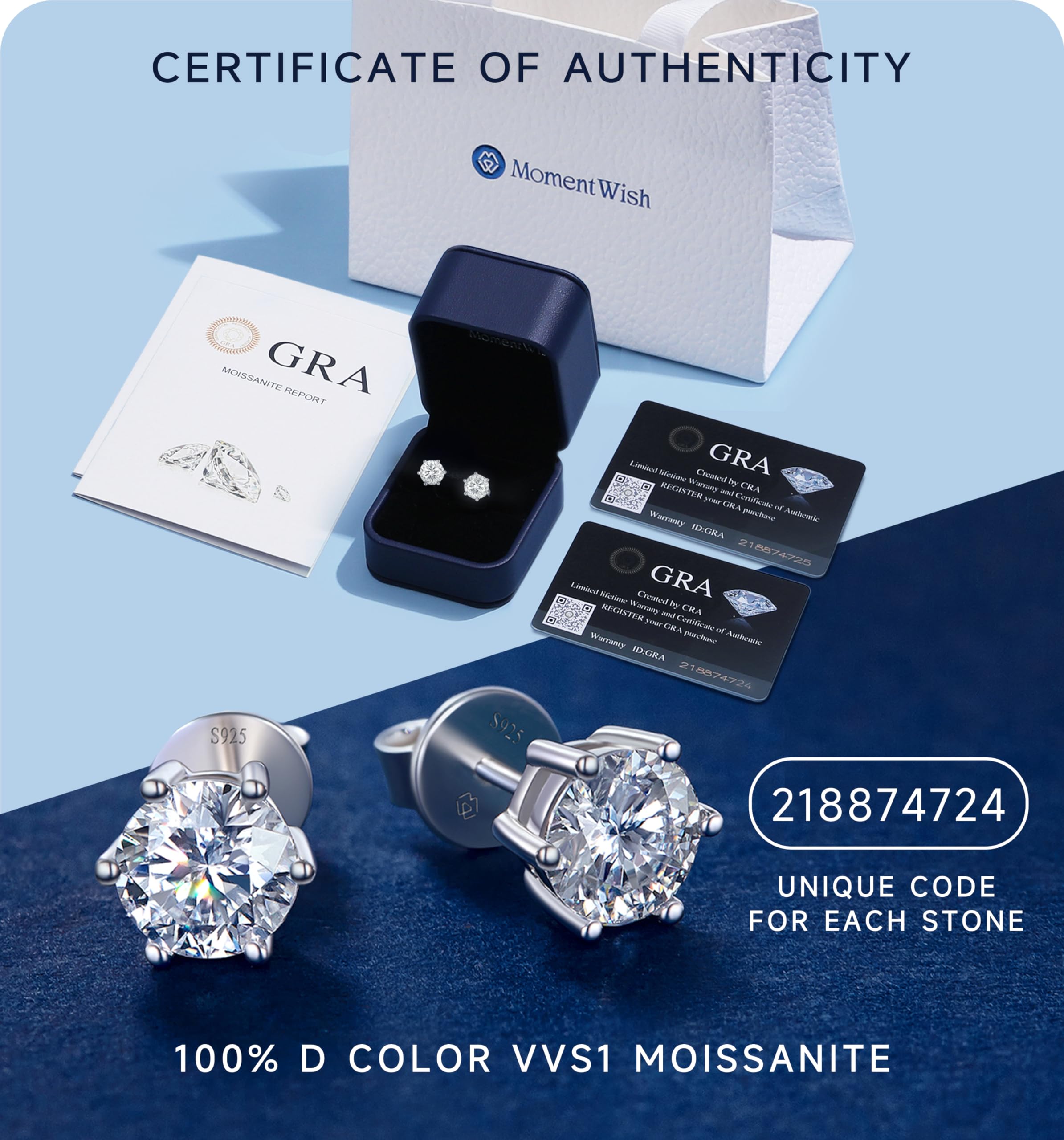 MomentWish Stud Earrings for Women - D Color VVS1 Simulated Diamond 925 Sterling Silver Solitaire Earrings - Perfect Birthday Gift, Valentine's Day Present & Anniversary Jewelry - Elegant Everyday Wear & Special Occasion Accessory