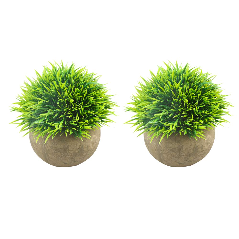 Mini Artificial Plants in Grey Pots - Fake Green Grass Faux Greenery Topiary Shrubs for Bathroom, Home Office & House Decor - Perfect for Desk, Shelf & Window Sill Decorations (Set of 2)