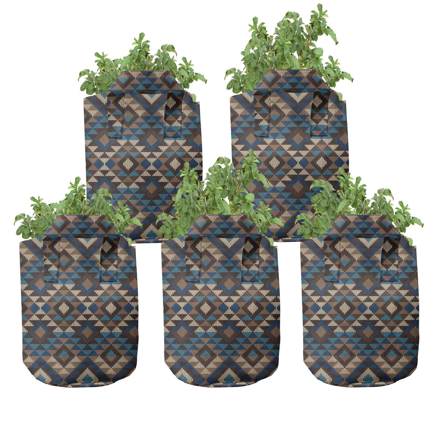 Ambesonne 5-Pack Heavy Duty Knitted Jacquard Grow Bags - 7 Gallon Fabric Plant Pots with Handles for Vegetables, Herbs & Flowers - Ethnic Brown & Dark Blue Design - Ideal for Indoor Gardening, Balcony & Patio Plants
