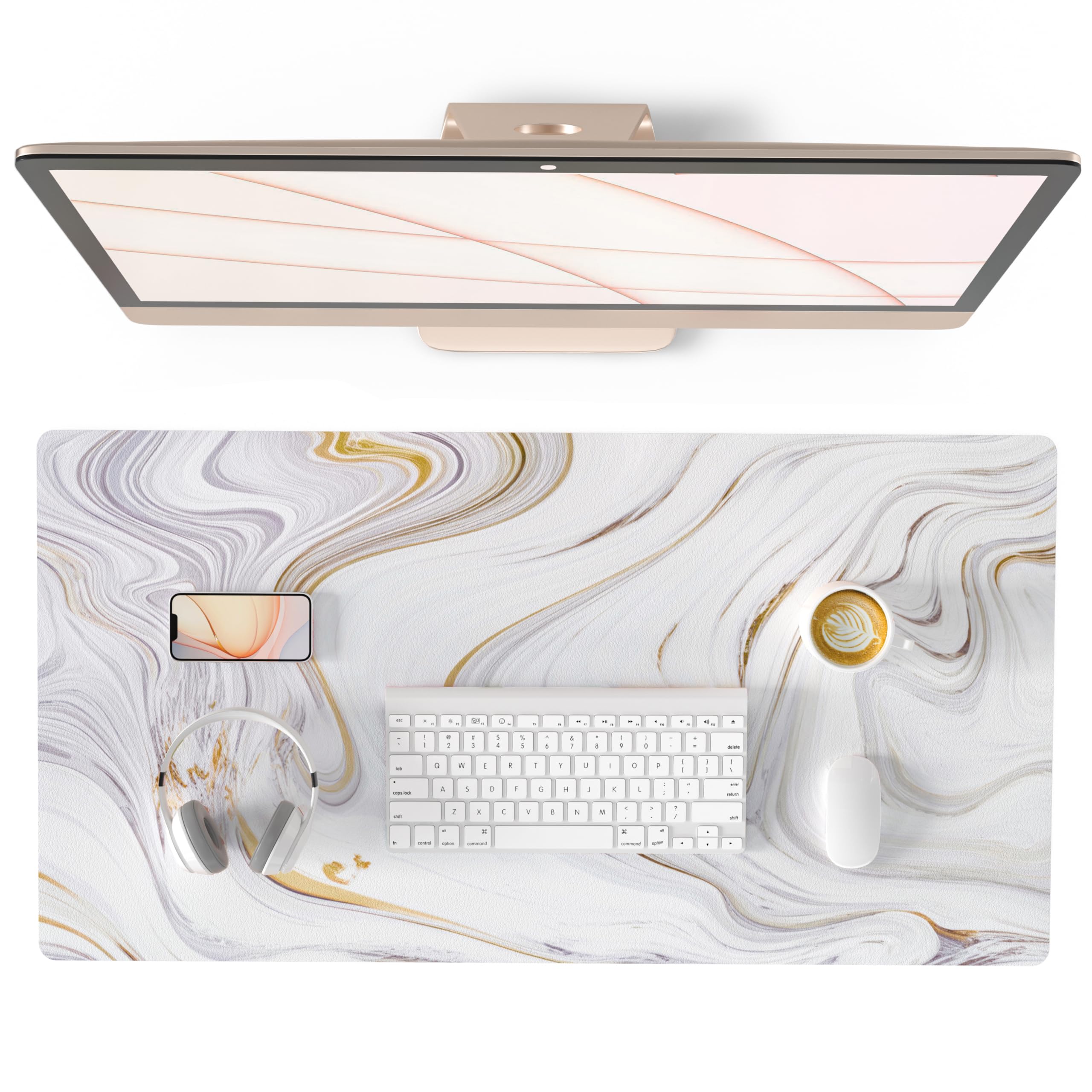 QIYI White Marble Mouse Pad - Large PU Leather Desk Mat with Gold Grey Stripes, Non-Slip Waterproof Keyboard & Gaming Mouse Pad (31.5