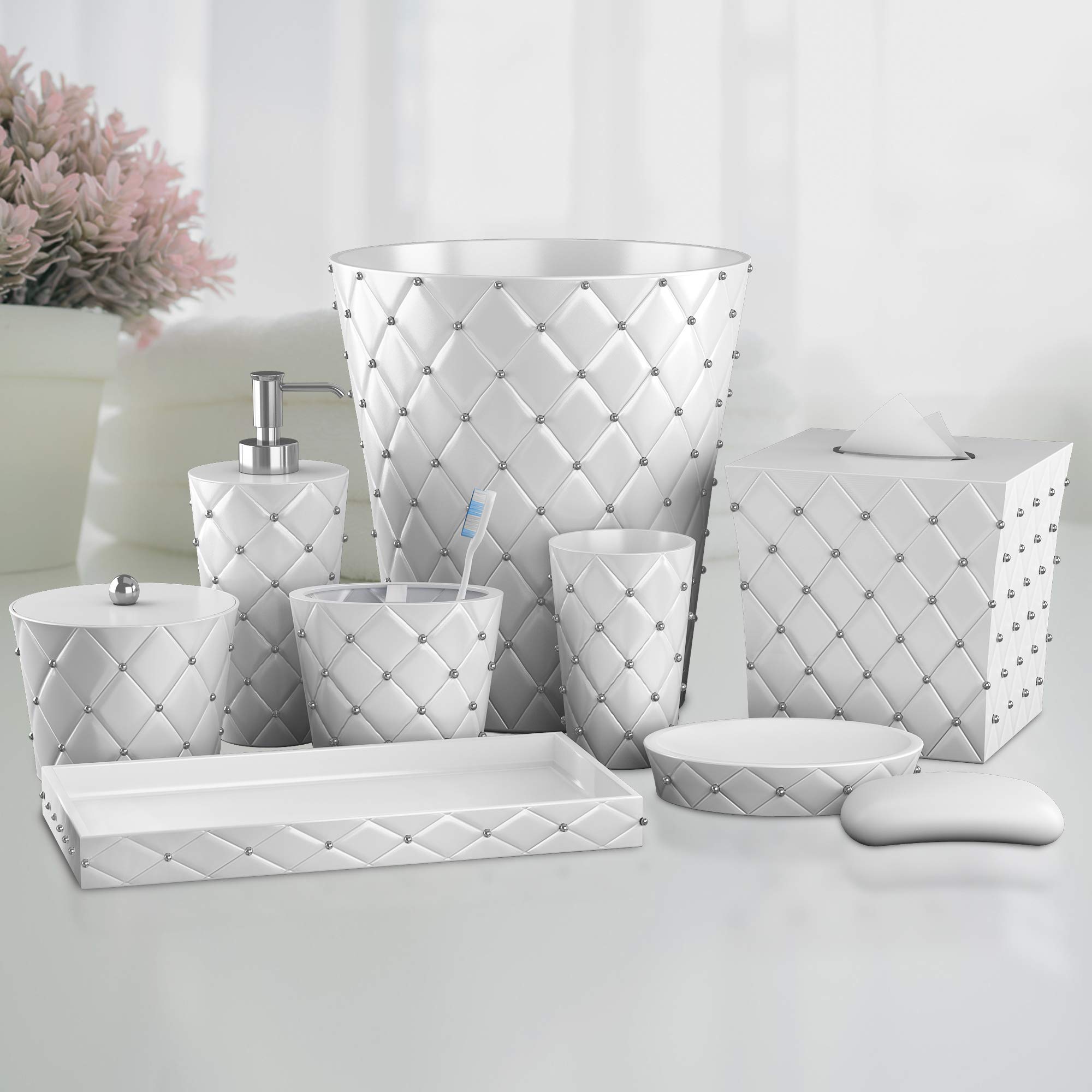 Premium 8-Piece Ceramic Bathroom Accessories Set - Elegant White/Silver Vanity Organizer with Soap Dispenser, Toothbrush Holder, Waste Basket & More | Perfect for Modern Bathrooms, Guest Suites & Spa-Style Decor