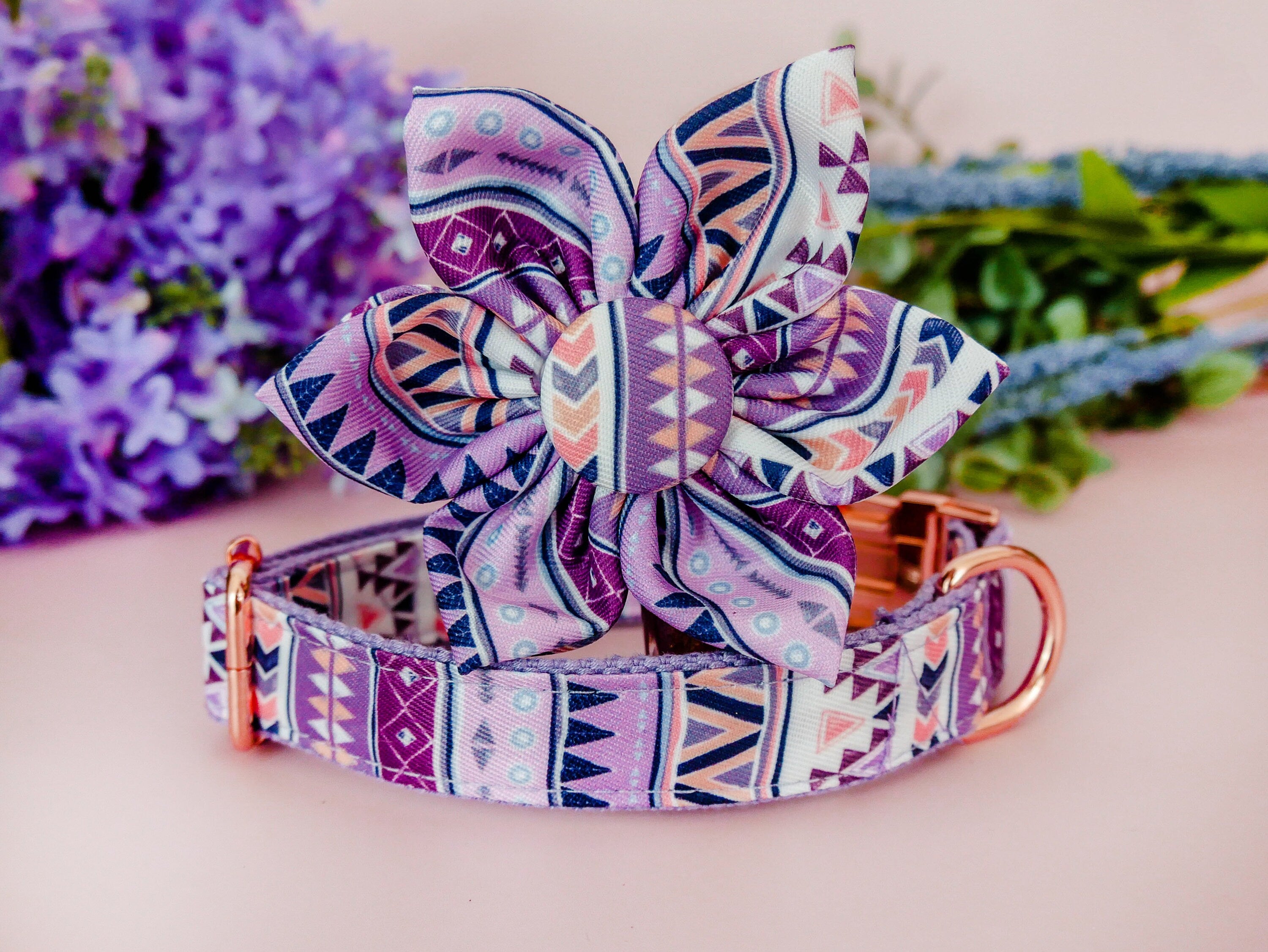 Aztec Flower Dog Collar and Leash Set - Tribal Boho Style Pet Accessories for Small, Medium, Large Dogs - Perfect for Walks, Training, and Outdoor Adventures