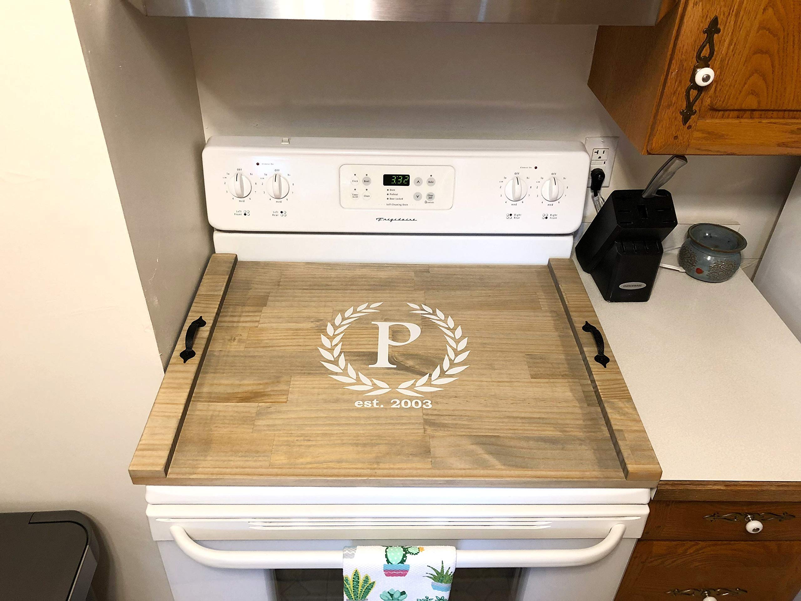 Rustic Wood Stove Top Cover - Decorative Wooden Tray for Stove - Personalized Kitchen Countertop Protector - Perfect for Farmhouse Style Kitchens & Holiday Decor