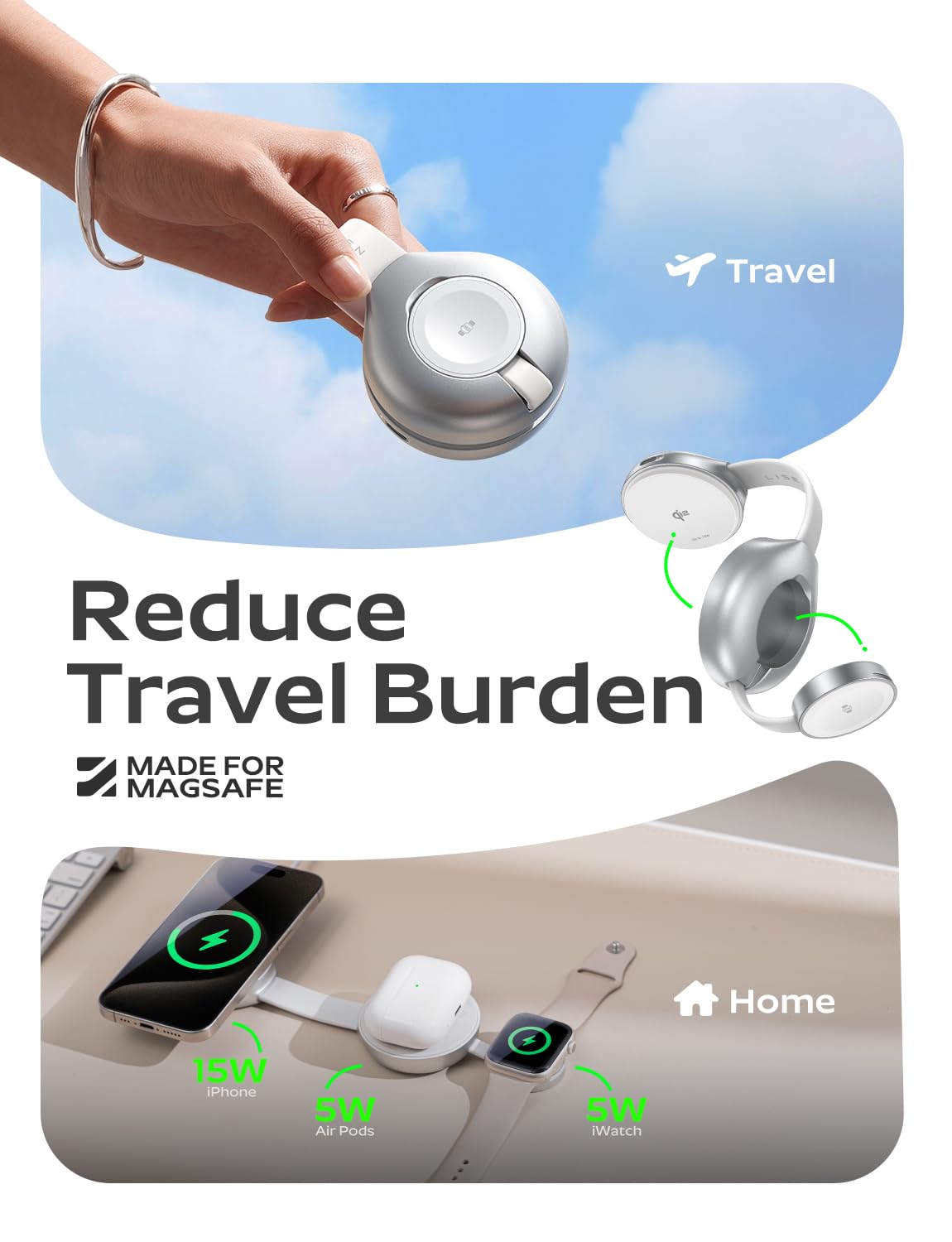 LISEN Qi2 Magsafe Certified 15W Wireless Charger for iPhone 16/15 - 3-in-1 Magnetic Charging Station with Apple Watch & AirPods Charger (Includes 30W Adapter) | Perfect for Travel, Office & Nightstand Use