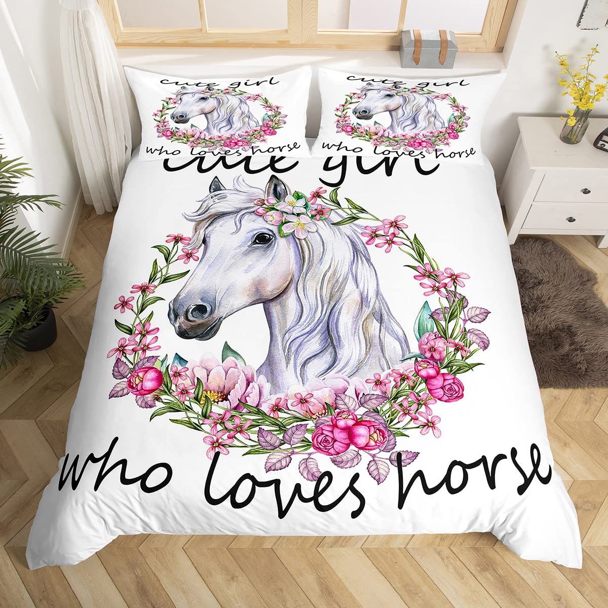White Horse Watercolor Duvet Cover Set Twin Size - Cute Horse Animal Theme Comforter with 1 Pillowcase, Pink Floral Print Girls Room Decor Ultra Soft Bedding | Perfect for Teen Girls' Bedroom, Horse Lover Gift, Nursery Decor
