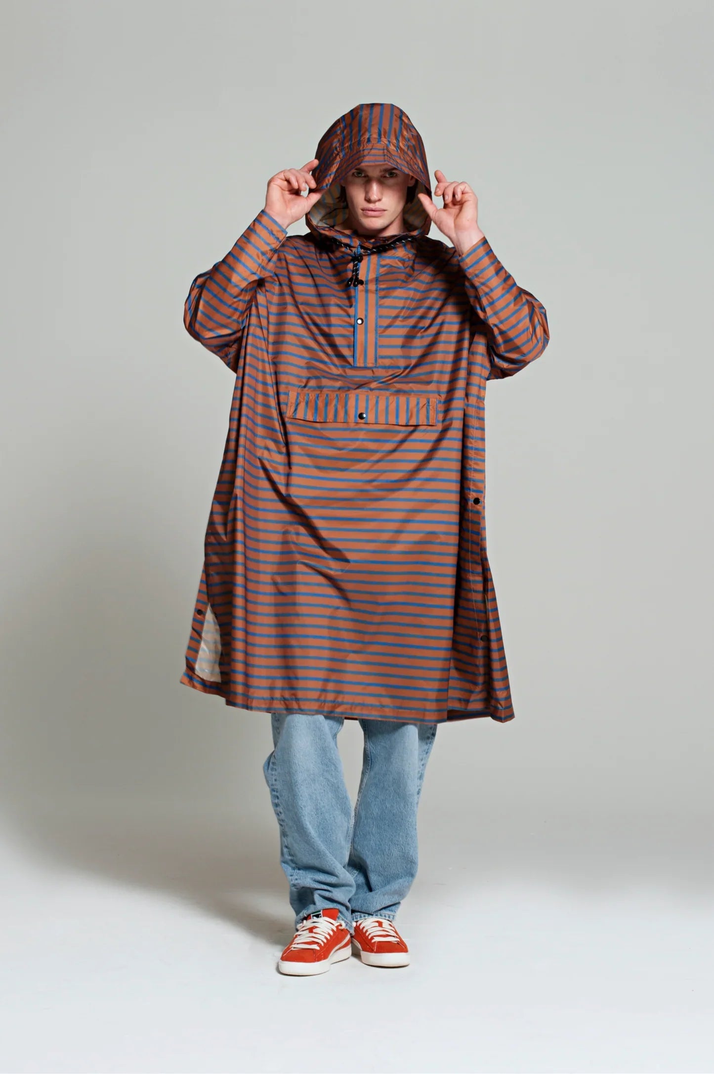 Breton Brown Blue Rain Poncho - Waterproof Lightweight Hooded Poncho for Outdoor Activities, Camping, Hiking & Travel