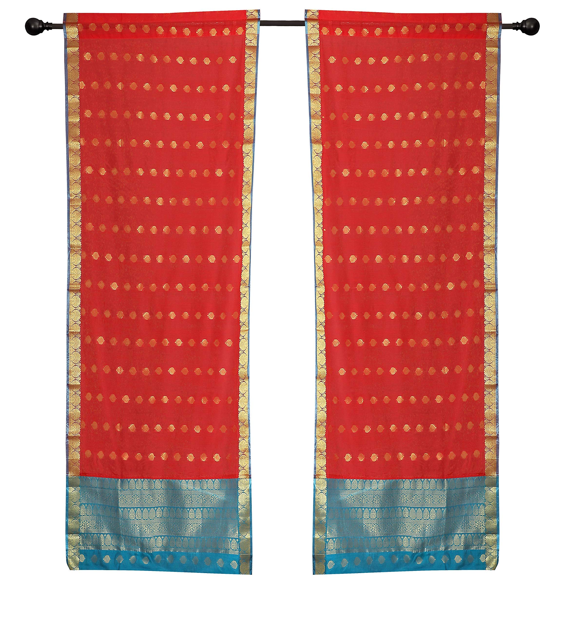 Indian Selections 2 Spicy Red Bohemian Sari Curtains with Rod Pocket - 60W x 84L for Living Room, Bedroom & Window Decor