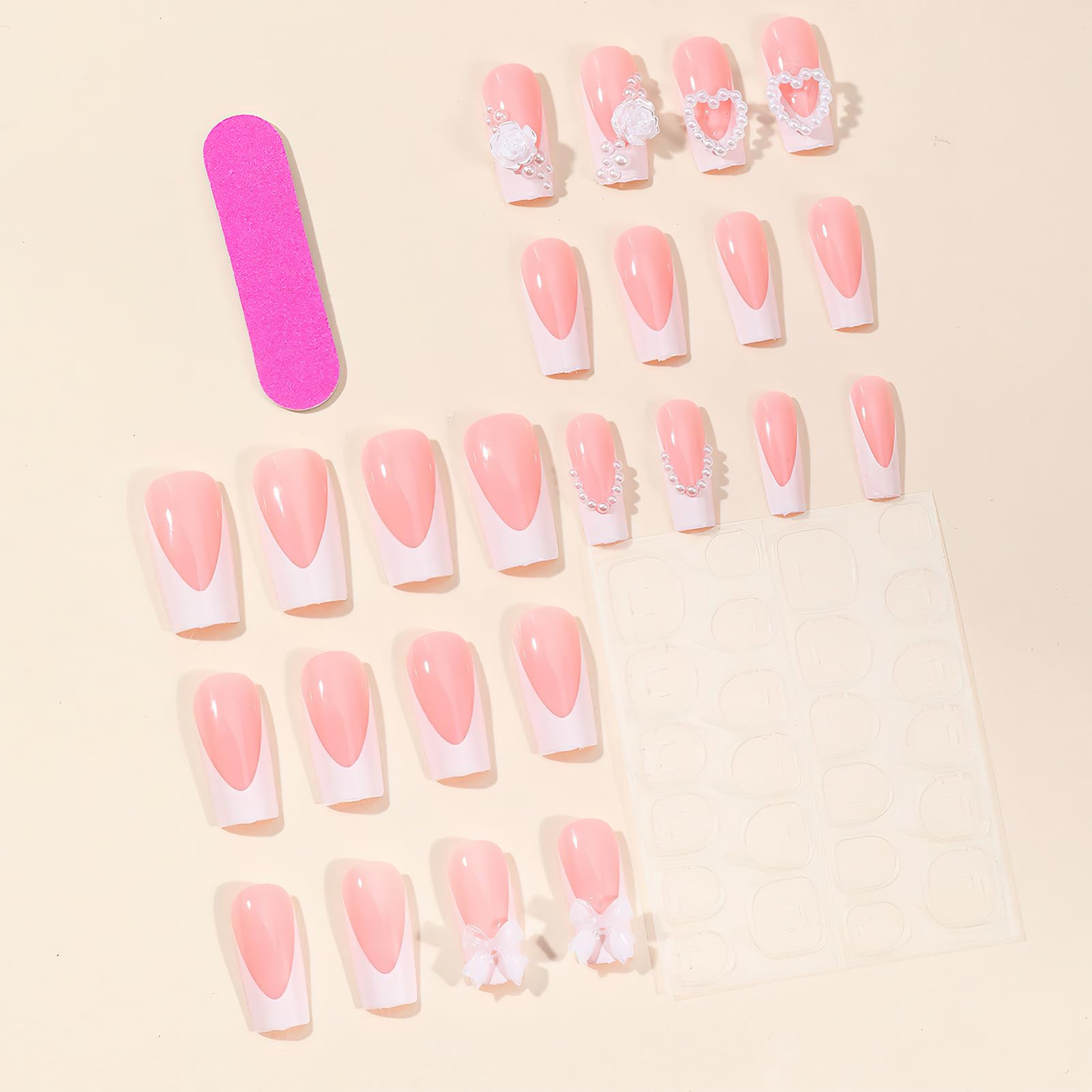 French Tip Press on Nails - Medium Square Fake Nails with 3D Bow Flower Design - Glossy White & Rose Pearl Acrylic Nails - Full Cover Coffin False Nails for Women & Girls - 24Pcs - Perfect for Parties, Weddings, and Special Occasions