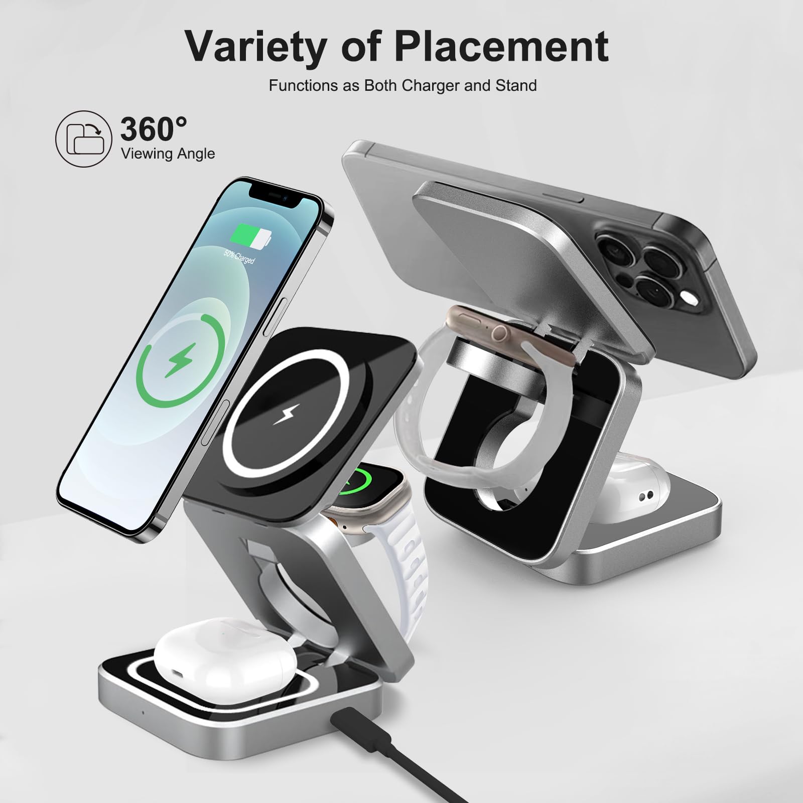 3-in-1 Foldable Wireless Charging Station for iPhone 16/15/14/13/12 Pro/Max/Plus, Apple Watch 10-1/SE/Ultra 2 & AirPods 4/3/2/Pro - Fast Travel Charger for Home, Office & Car