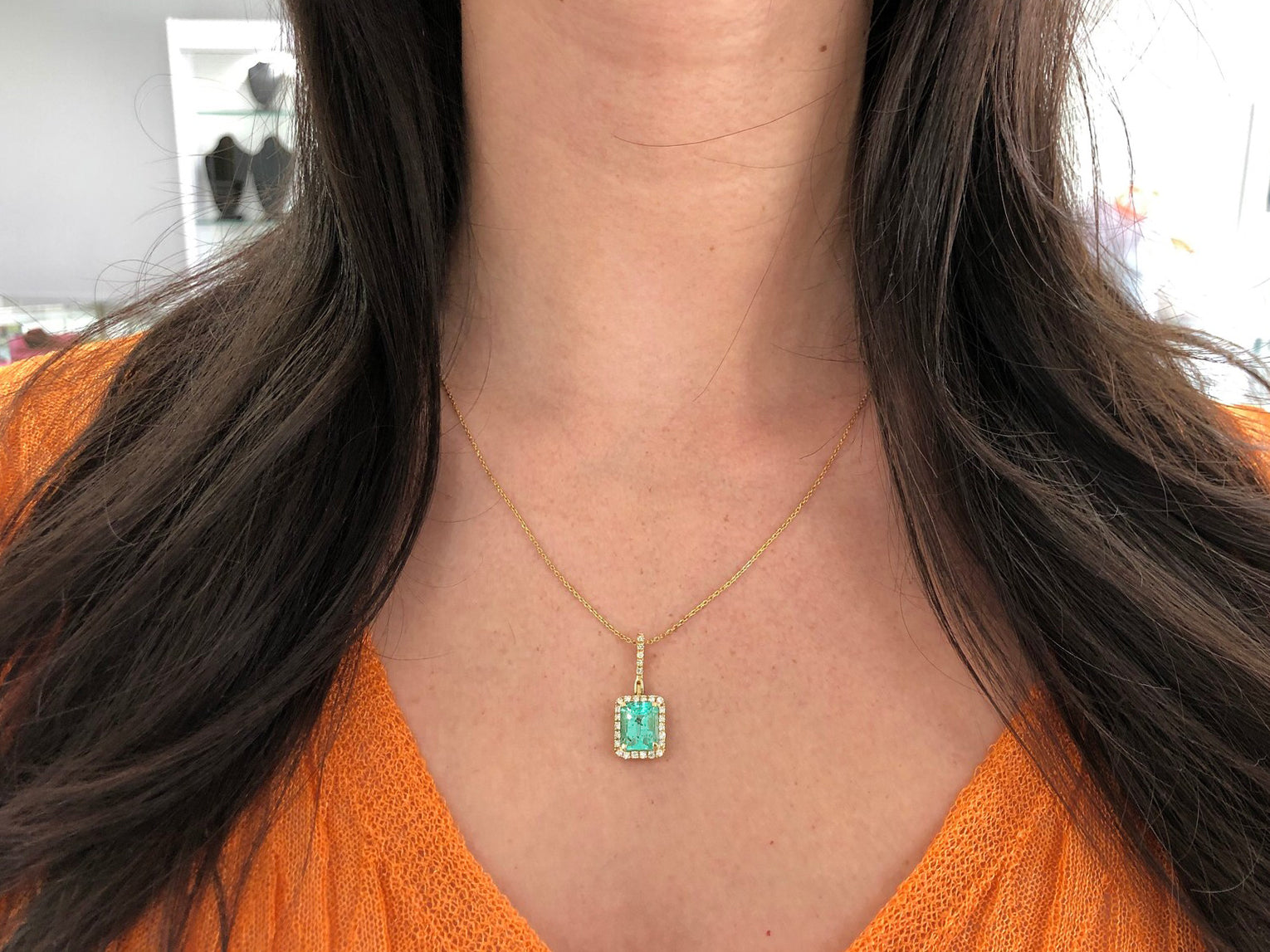 4.18TCW Natural Colombian Emerald & Diamond Halo Pendant in 14K Gold - Elegant Jewelry Gift for Women, Perfect for Weddings, Anniversaries & Special Occasions