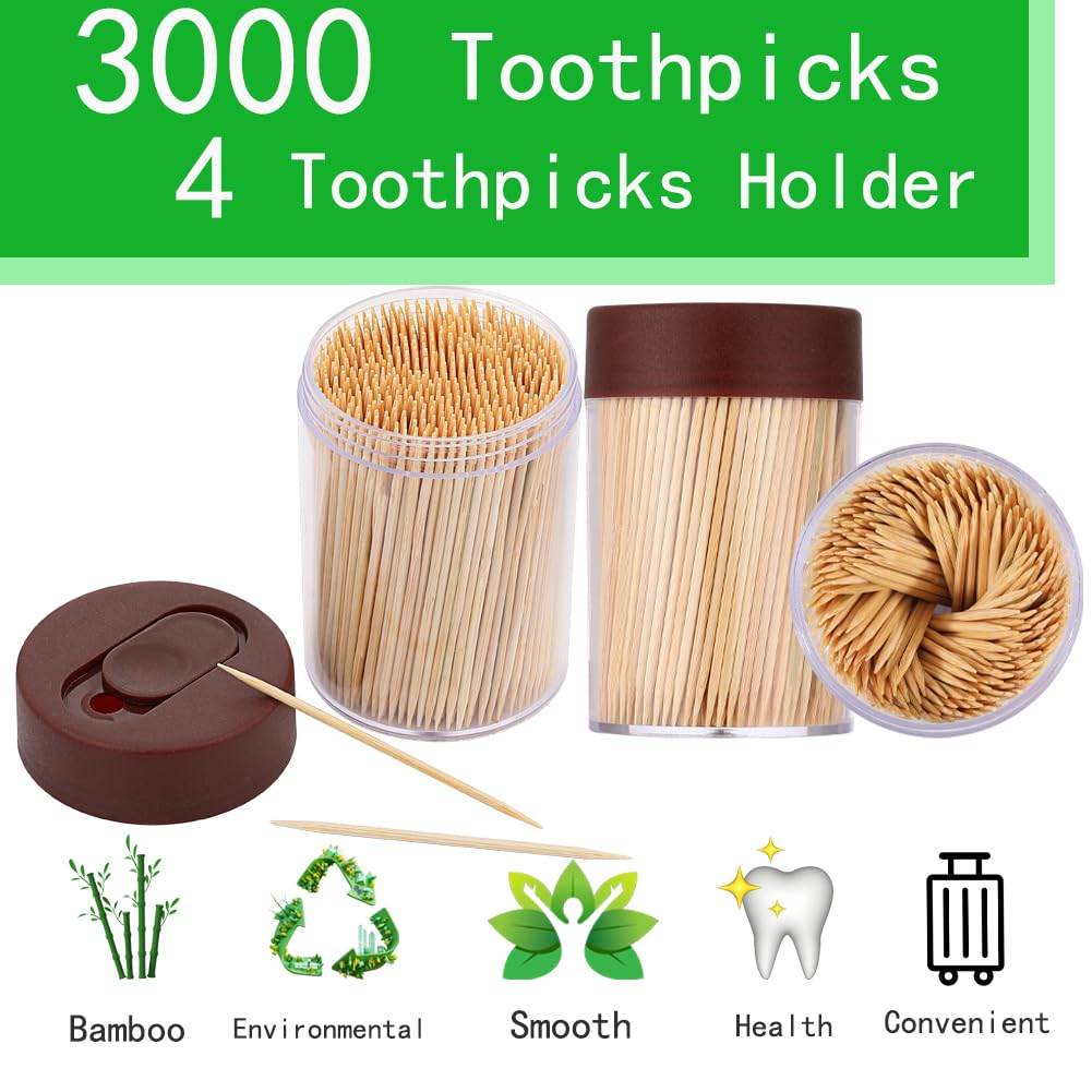 Premium Bamboo Toothpicks 3000 Count with 4 Reusable Toothpick Dispensers - Sturdy & Smooth for Party, Bar, BBQ, Fruit, Olive & Dental Hygiene | Ideal for Home, Restaurant & Catering Events
