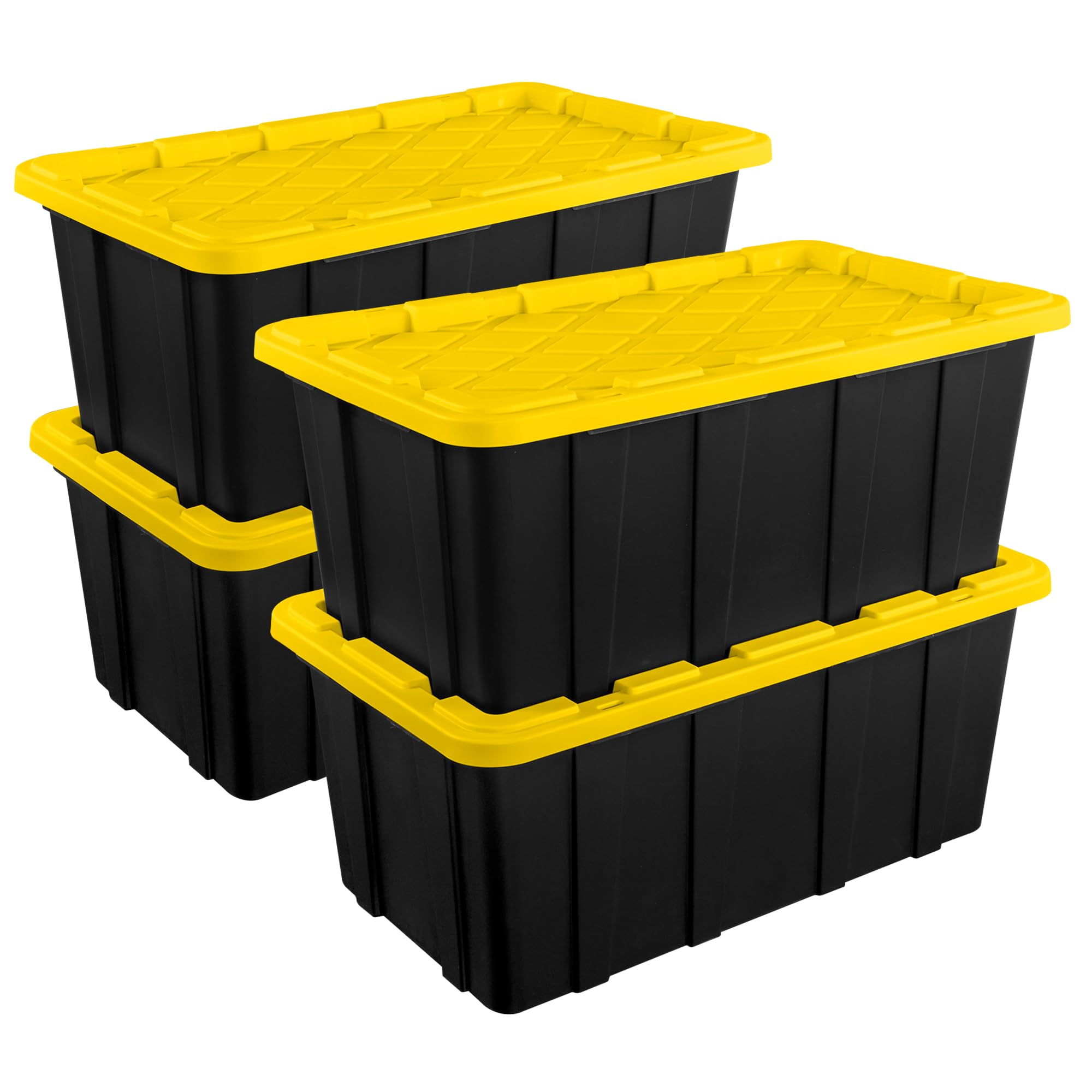 Sterilite 4-Pack 38 Gallon Heavy Duty Stackable Storage Bins with Lids - Black & Yellow - Perfect for Home Organization, Garage Storage, and Moving Supplies