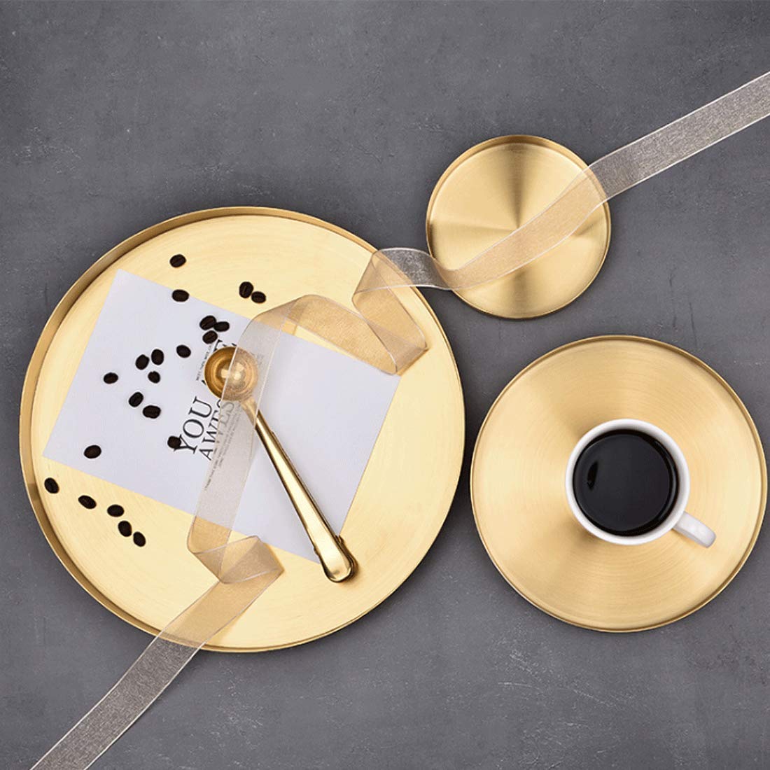 Gold Round Brass Trays & Stainless Steel Metal Plates - Decorative Storage Organizer Serving Tray for Vanity, Jewelry, Cosmetic & Kitchen Tableware (Medium) | Perfect for Home Decor, Party Serving, and Bathroom Organization