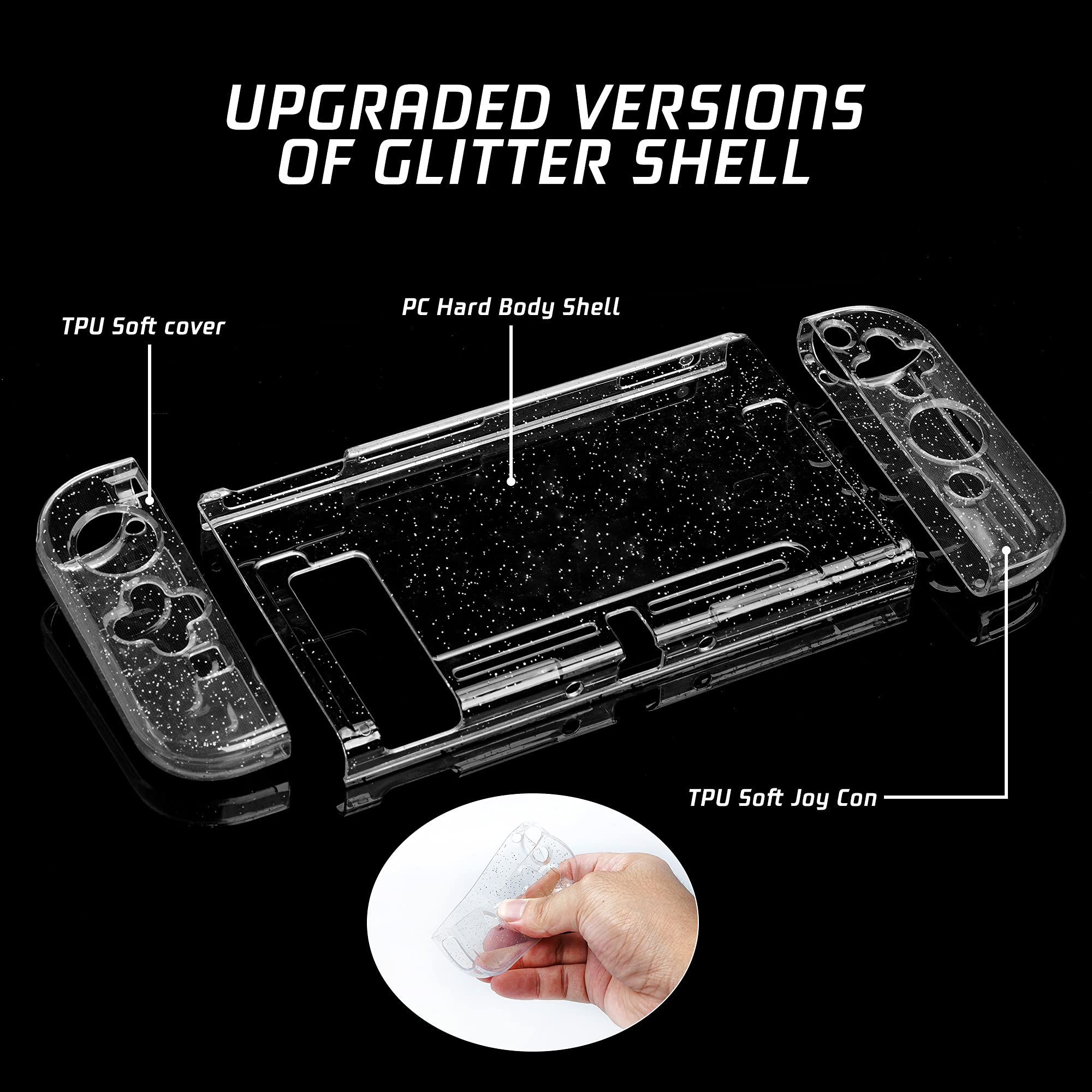 FANPL Glitter Clear Case for Nintendo Switch - TPU Silicone Soft Shell Dockable Protective Cover for Switch Console & Joy-Con Controllers with 2 Bling Thumb Grips (Transparent) - Perfect for Gaming Protection & Style Enhancement