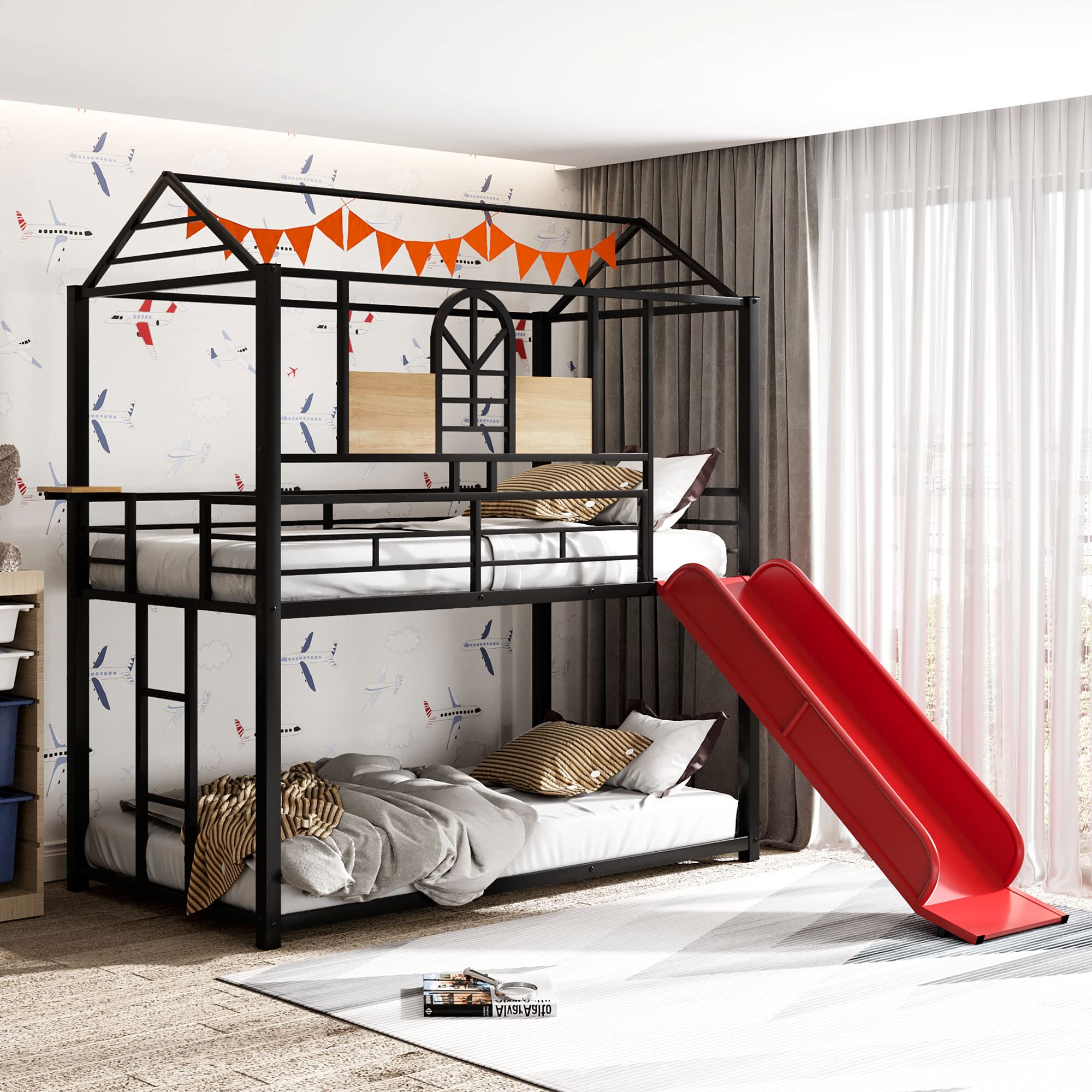 Twin Over Twin Metal Bunk Bed with Staircase & Slide - Kids Bunk Bed for Bedroom, Dorm or Playroom - Red Slide & Black Frame - Space Saving Bunk Beds for Siblings or Sleepovers