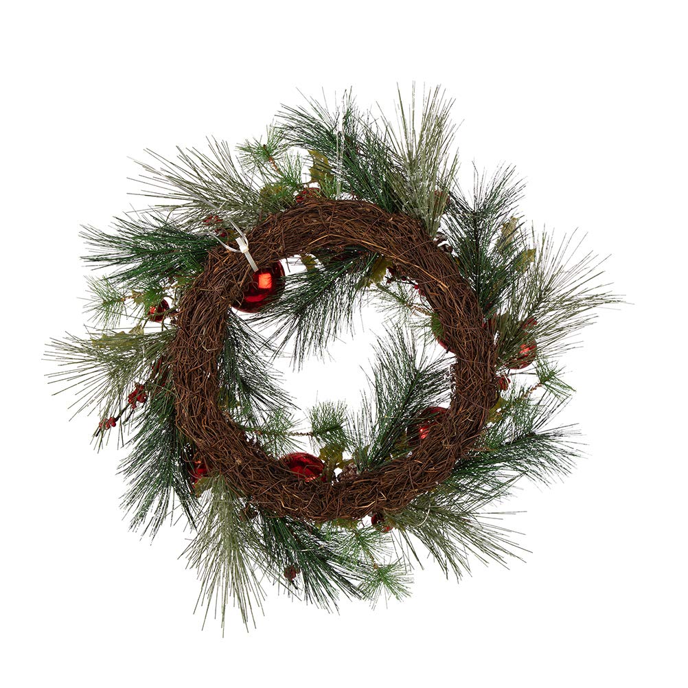 Rustic Farmhouse Wooden Window Frame with LED Pre-Lit Pinecone & Ornament Wreath - Christmas Holiday Decor for Front Door, Wall, Window - Perfect for Xmas Party, Home & Festival Celebration Decorations