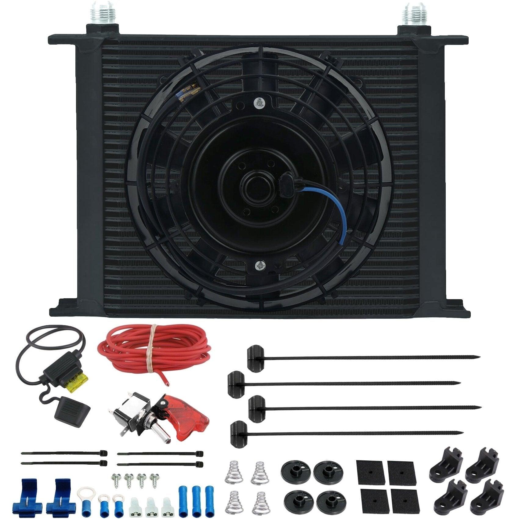 30 Row AN Transmission Oil Cooler with 12V Electric Fan & Toggle Switch Wiring Kit - Universal Fit for Cars, Trucks, SUVs & Off-Road Vehicles - Improves Cooling Performance for Towing & Racing