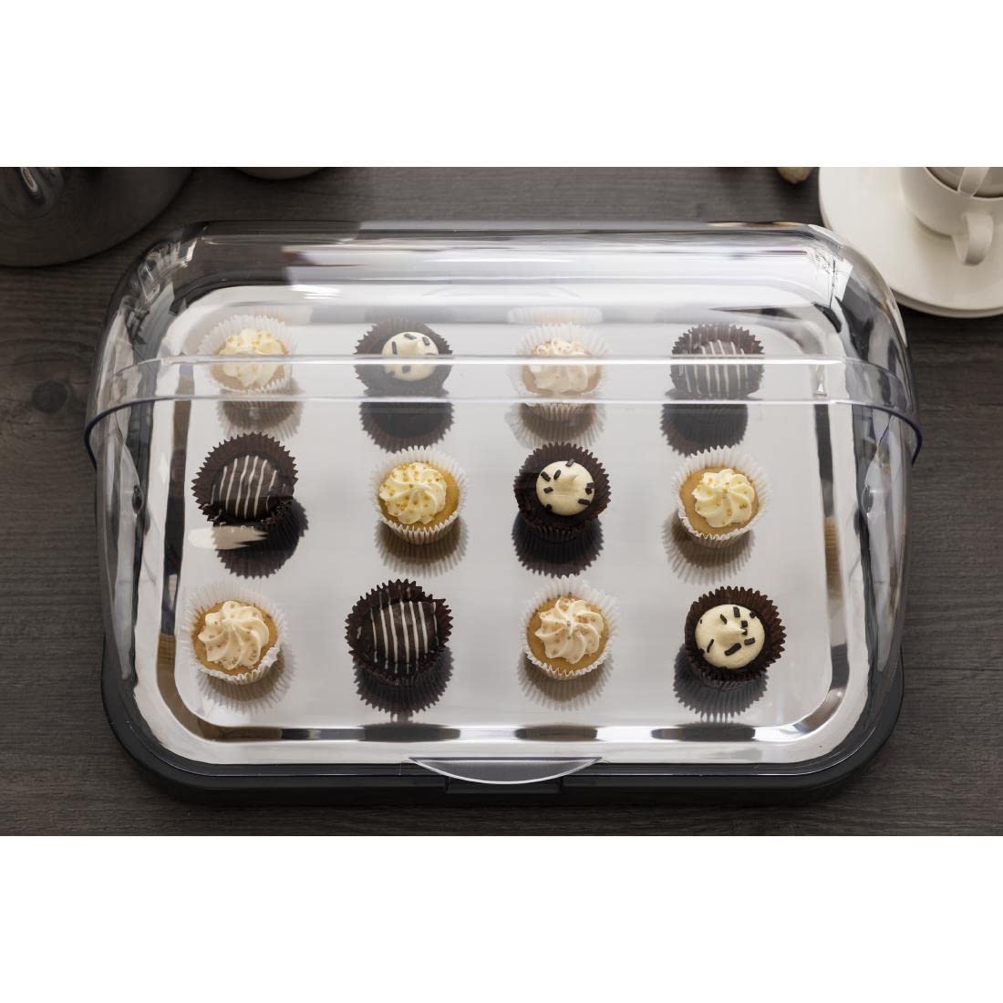 Premium Double-Sided Buffet Showcase with Transparent Roll-Top Hood | Includes Bowl, Stainless Steel Tray & 2 Cooling Batteries | German-Made for Restaurants, Catering & Food Display